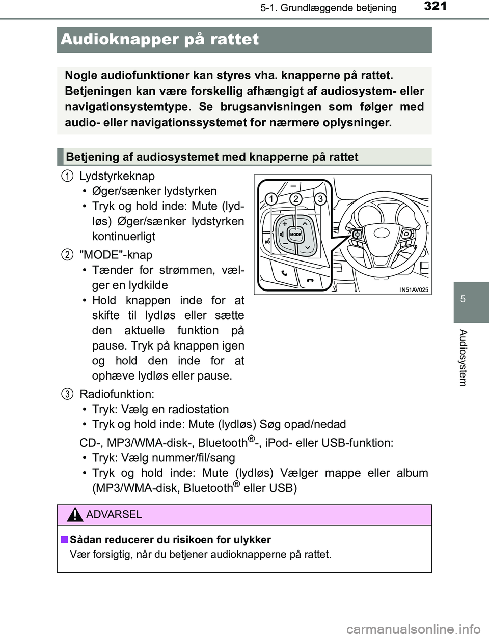 TOYOTA AVENSIS 2017 Brugsanvisning (in Danish) 321
5
5-1. Grundlæggende betjening
Audiosystem
OM20C66DK
Audioknapper på rattet
Lydstyrkeknap• Øger/sænker lydstyrken
• Tryk og hold inde: Mute (lyd- løs) Øger/sænker lydstyrken
kontinuerli TOYOTA AVENSIS 2017 Brugsanvisning (in Danish) 321
5
5-1. Grundlæggende betjening
Audiosystem
OM20C66DK
Audioknapper på rattet
Lydstyrkeknap• Øger/sænker lydstyrken
• Tryk og hold inde: Mute (lyd- løs) Øger/sænker lydstyrken
kontinuerli