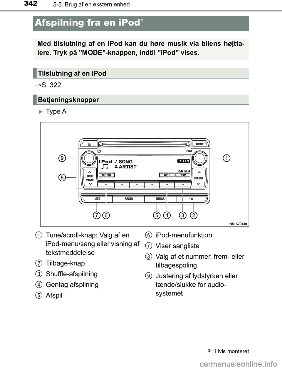TOYOTA AVENSIS 2017 Brugsanvisning (in Danish) 3425-5. Brug af en ekstern enhed
OM20C66DK
Afspilning fra en iPod
S. 322
Ty p e A
: Hvis monteret
Med tilslutning af en iPod kan du høre musik via bilens højtta-
lere. Tryk på "MODE"-k TOYOTA AVENSIS 2017 Brugsanvisning (in Danish) 3425-5. Brug af en ekstern enhed
OM20C66DK
Afspilning fra en iPod
S. 322
Ty p e A
: Hvis monteret
Med tilslutning af en iPod kan du høre musik via bilens højtta-
lere. Tryk på "MODE"-k