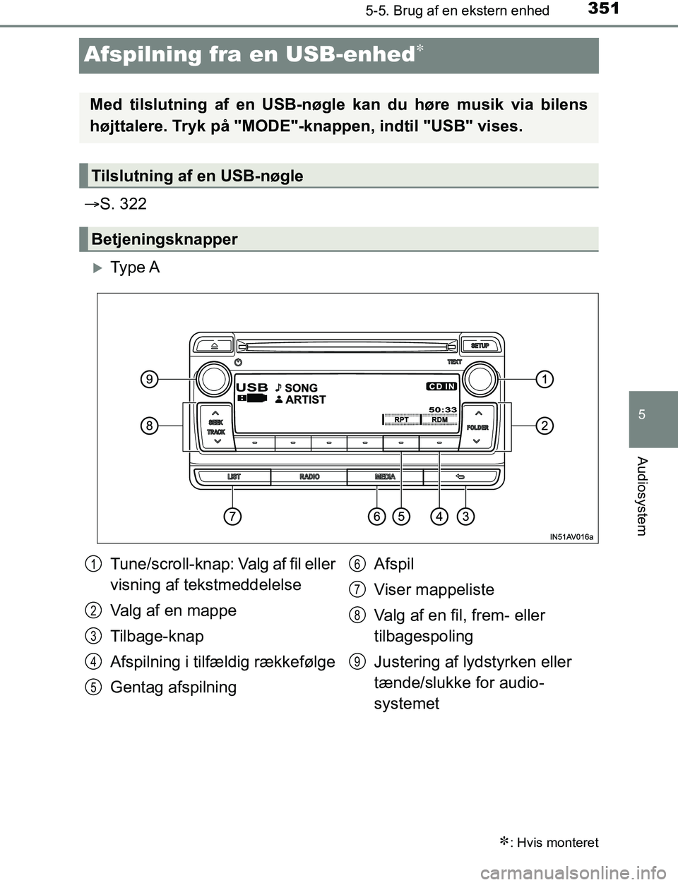 TOYOTA AVENSIS 2017 Brugsanvisning (in Danish) 351
5
5-5. Brug af en ekstern enhed
Audiosystem
OM20C66DK
Afspilning fra en USB-enhed
S. 322
Ty p e A
: Hvis monteret
Med tilslutning af en USB-nøgle kan du høre musik via bilens
højtt TOYOTA AVENSIS 2017 Brugsanvisning (in Danish) 351
5
5-5. Brug af en ekstern enhed
Audiosystem
OM20C66DK
Afspilning fra en USB-enhed
S. 322
Ty p e A
: Hvis monteret
Med tilslutning af en USB-nøgle kan du høre musik via bilens
højtt