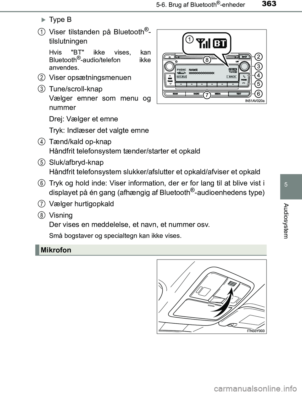 TOYOTA AVENSIS 2017 Brugsanvisning (in Danish) 3635-6. Brug af Bluetooth®-enheder
5
Audiosystem
OM20C66DK
Ty p e B
Viser tilstanden på Bluetooth
®-
tilslutningen
Hvis "BT" ikke vises, kan
Bluetooth®-audio/telefon ikke
anvendes.
Viser opsæ TOYOTA AVENSIS 2017 Brugsanvisning (in Danish) 3635-6. Brug af Bluetooth®-enheder
5
Audiosystem
OM20C66DK
Ty p e B
Viser tilstanden på Bluetooth
®-
tilslutningen
Hvis "BT" ikke vises, kan
Bluetooth®-audio/telefon ikke
anvendes.
Viser opsæ