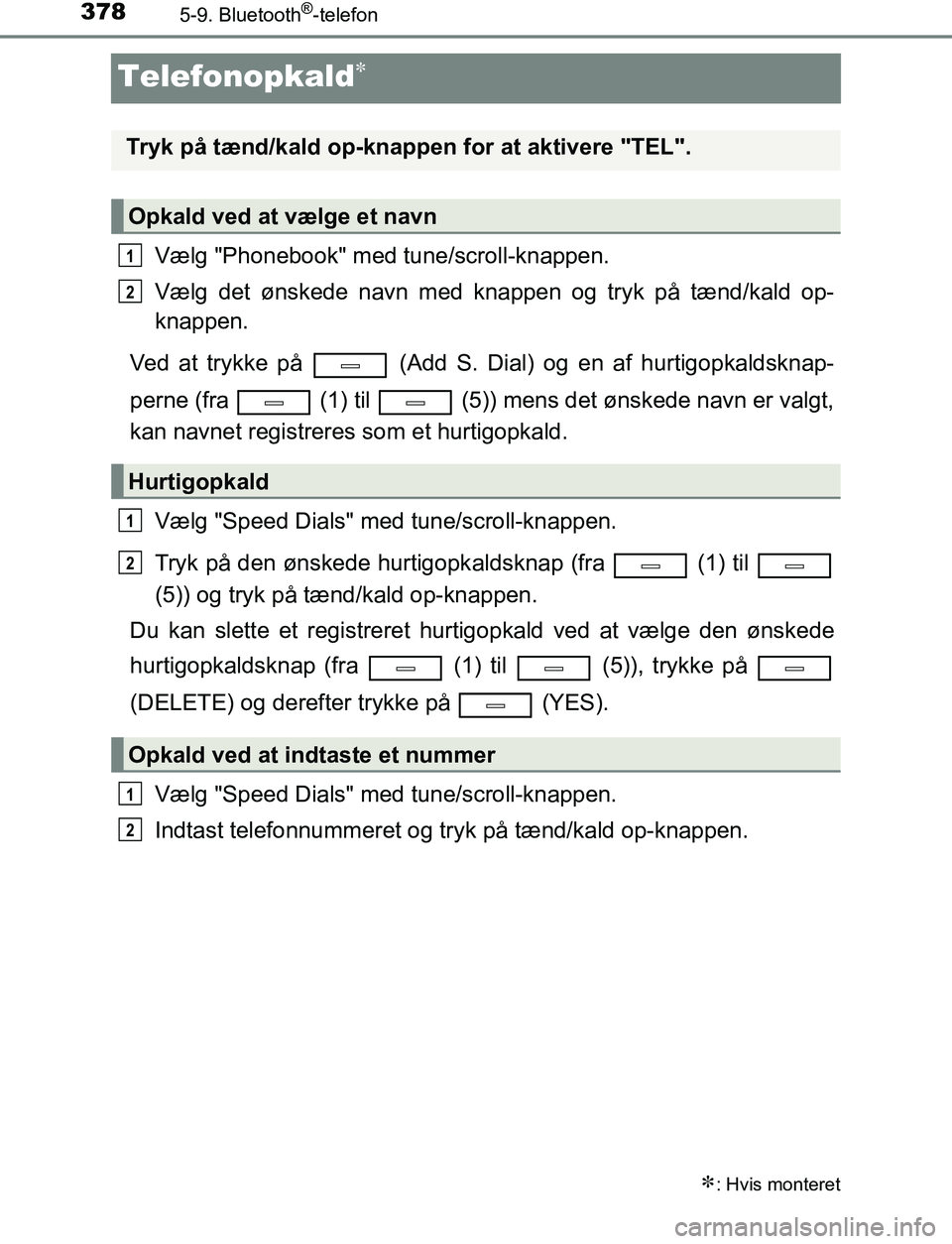TOYOTA AVENSIS 2017 Brugsanvisning (in Danish) 3785-9. Bluetooth®-telefon
OM20C66DK
Telefonopkald
Vælg "Phonebook" med tune/scroll-knappen.
Vælg det ønskede navn med knappen og tryk på tænd/kald op-
knappen.
Ved at trykke på (Add S. Di TOYOTA AVENSIS 2017 Brugsanvisning (in Danish) 3785-9. Bluetooth®-telefon
OM20C66DK
Telefonopkald
Vælg "Phonebook" med tune/scroll-knappen.
Vælg det ønskede navn med knappen og tryk på tænd/kald op-
knappen.
Ved at trykke på (Add S. Di