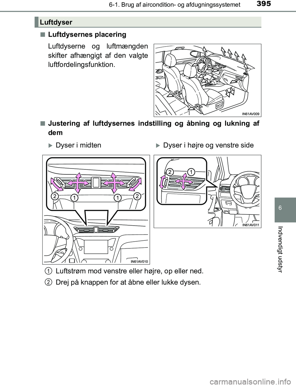 TOYOTA AVENSIS 2017 Brugsanvisning (in Danish) 3956-1. Brug af aircondition- og afdugningssystemet
OM20C66DK
6
Indvendigt udstyr
nLuftdysernes placering
Luftdyserne og luftmængden
skifter afhængigt af den valgte
luftfordelingsfunktion.
nJusterin TOYOTA AVENSIS 2017 Brugsanvisning (in Danish) 3956-1. Brug af aircondition- og afdugningssystemet
OM20C66DK
6
Indvendigt udstyr
nLuftdysernes placering
Luftdyserne og luftmængden
skifter afhængigt af den valgte
luftfordelingsfunktion.
nJusterin