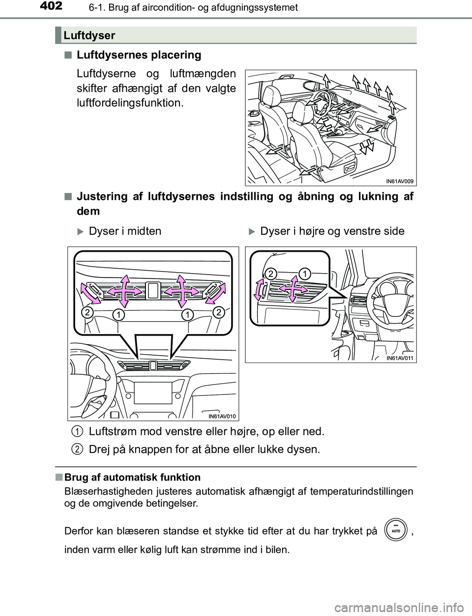 TOYOTA AVENSIS 2017 Brugsanvisning (in Danish) 4026-1. Brug af aircondition- og afdugningssystemet
OM20C66DKn
Luftdysernes placering
Luftdyserne og luftmængden
skifter afhængigt af den valgte
luftfordelingsfunktion.
nJustering af luftdysernes in TOYOTA AVENSIS 2017 Brugsanvisning (in Danish) 4026-1. Brug af aircondition- og afdugningssystemet
OM20C66DKn
Luftdysernes placering
Luftdyserne og luftmængden
skifter afhængigt af den valgte
luftfordelingsfunktion.
nJustering af luftdysernes in