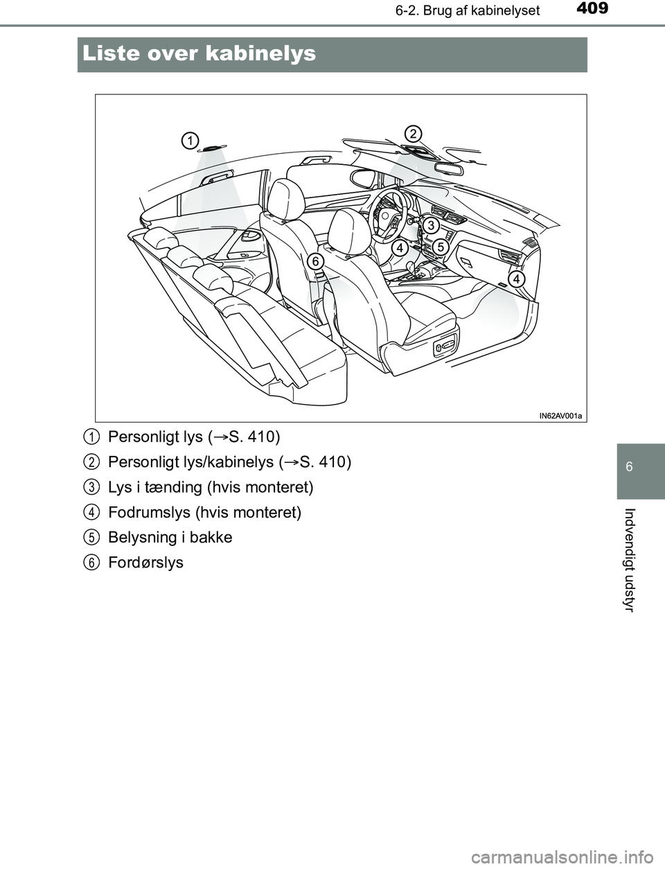 TOYOTA AVENSIS 2017 Brugsanvisning (in Danish) 4096-2. Brug af kabinelyset
OM20C66DK
6
Indvendigt udstyr
Liste over kabinelys
Personligt lys (S. 410)
Personligt lys/kabinelys ( S. 410)
Lys i tænding (hvis monteret)
Fodrumslys (hvis monteret TOYOTA AVENSIS 2017 Brugsanvisning (in Danish) 4096-2. Brug af kabinelyset
OM20C66DK
6
Indvendigt udstyr
Liste over kabinelys
Personligt lys (S. 410)
Personligt lys/kabinelys ( S. 410)
Lys i tænding (hvis monteret)
Fodrumslys (hvis monteret
