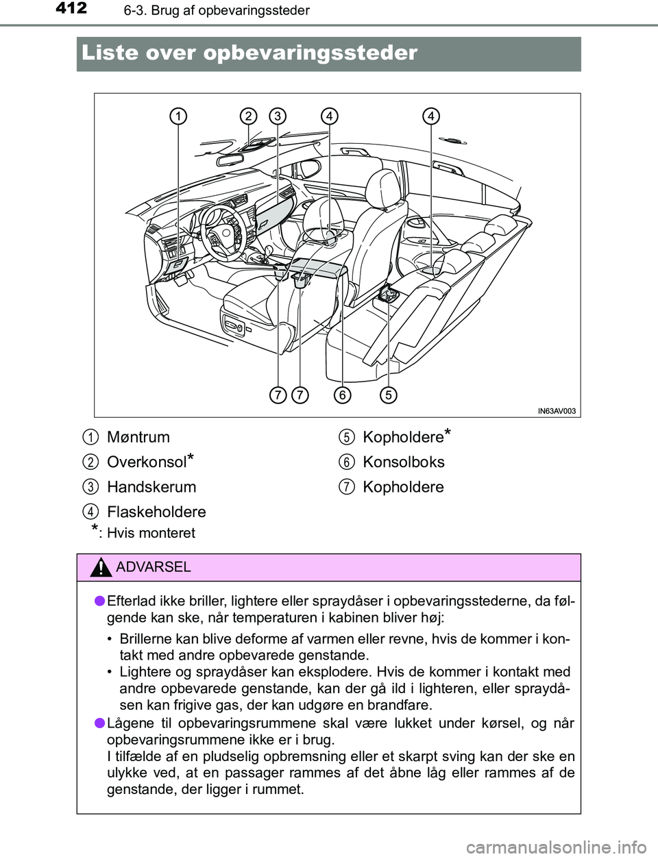 TOYOTA AVENSIS 2017  Brugsanvisning (in Danish) 4126-3. Brug af opbevaringssteder
OM20C66DK
Liste over opbevaringssteder
*: Hvis monteret
Møntrum
Overkonsol
*
Handskerum
Flaskeholdere Kopholdere
*
Konsolboks
Kopholdere
ADVARSEL
l Efterlad ikke bri