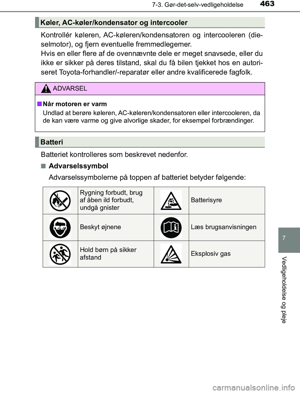 TOYOTA AVENSIS 2017 Brugsanvisning (in Danish) 4637-3. Gør-det-selv-vedligeholdelse
OM20C66DK
7
Vedligeholdelse og pleje
Kontrollér køleren, AC-køleren/kondensatoren og intercooleren (die-
selmotor), og fjern eventuelle fremmedlegemer.
Hvis TOYOTA AVENSIS 2017 Brugsanvisning (in Danish) 4637-3. Gør-det-selv-vedligeholdelse
OM20C66DK
7
Vedligeholdelse og pleje
Kontrollér køleren, AC-køleren/kondensatoren og intercooleren (die-
selmotor), og fjern eventuelle fremmedlegemer.
Hvis