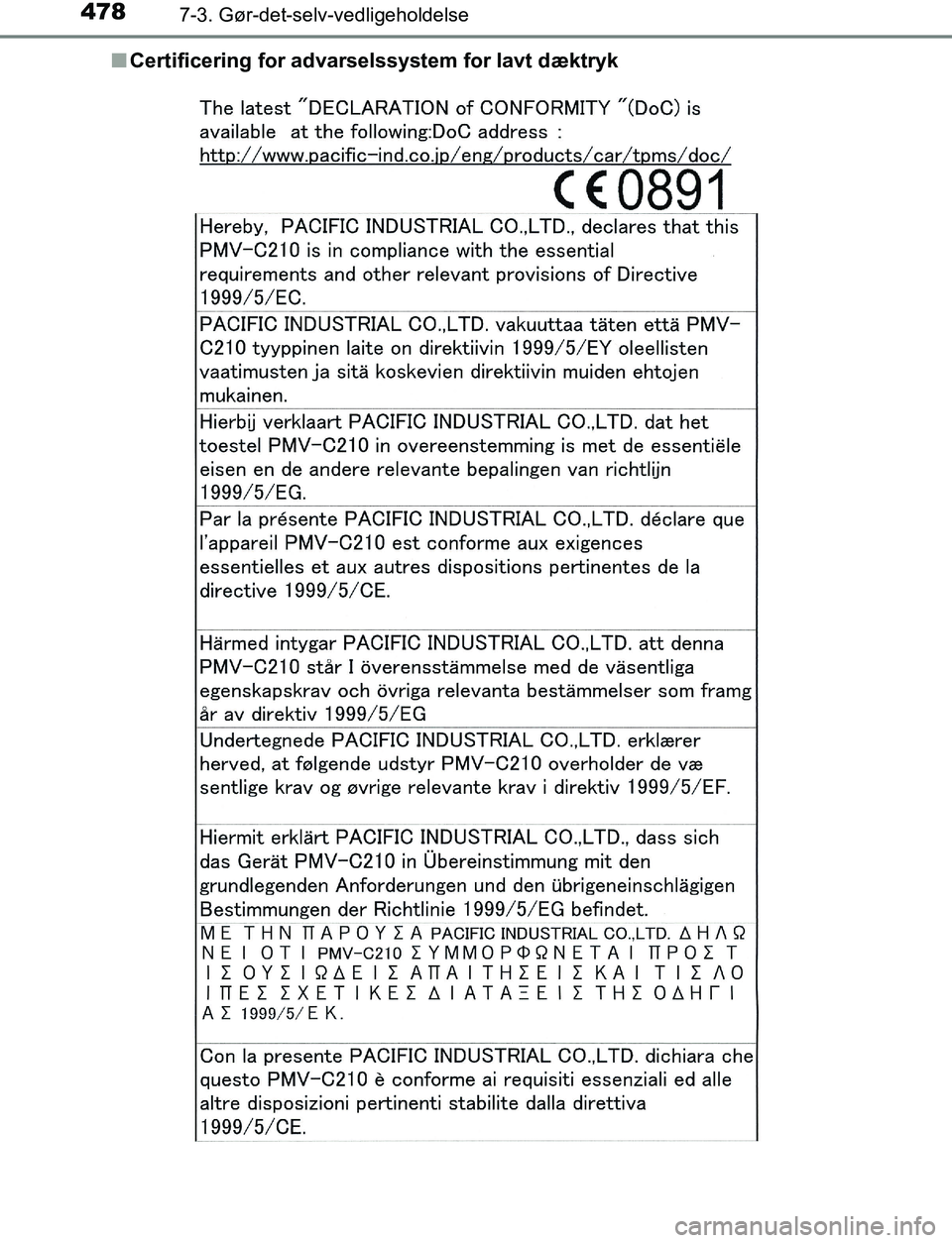 TOYOTA AVENSIS 2017 Brugsanvisning (in Danish) 4787-3. Gør-det-selv-vedligeholdelse
OM20C66DKn
Certificering for advarselssystem for lavt dæktryk
OM20C66DK.book Page 478 Thursday, January 12, 2017 4:30 PM TOYOTA AVENSIS 2017 Brugsanvisning (in Danish) 4787-3. Gør-det-selv-vedligeholdelse
OM20C66DKn
Certificering for advarselssystem for lavt dæktryk
OM20C66DK.book Page 478 Thursday, January 12, 2017 4:30 PM