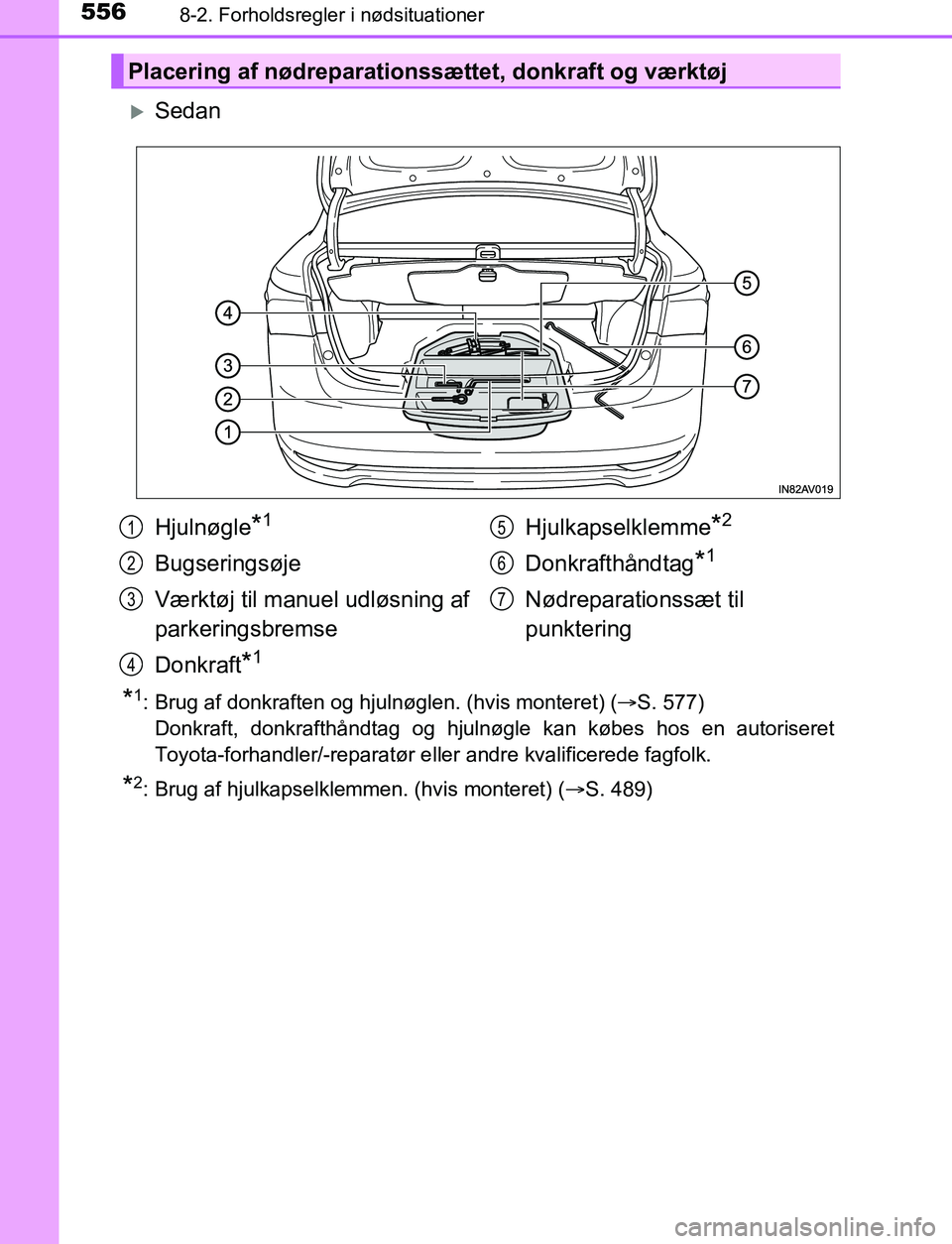 TOYOTA AVENSIS 2017 Brugsanvisning (in Danish) 5568-2. Forholdsregler i nødsituationer
OM20C66DK
Sedan
*1: Brug af donkraften og hjulnøglen. (hvis monteret) (S. 577)
Donkraft, donkrafthåndtag og hjulnøgle kan købes hos en autoriseret
To TOYOTA AVENSIS 2017 Brugsanvisning (in Danish) 5568-2. Forholdsregler i nødsituationer
OM20C66DK
Sedan
*1: Brug af donkraften og hjulnøglen. (hvis monteret) (S. 577)
Donkraft, donkrafthåndtag og hjulnøgle kan købes hos en autoriseret
To