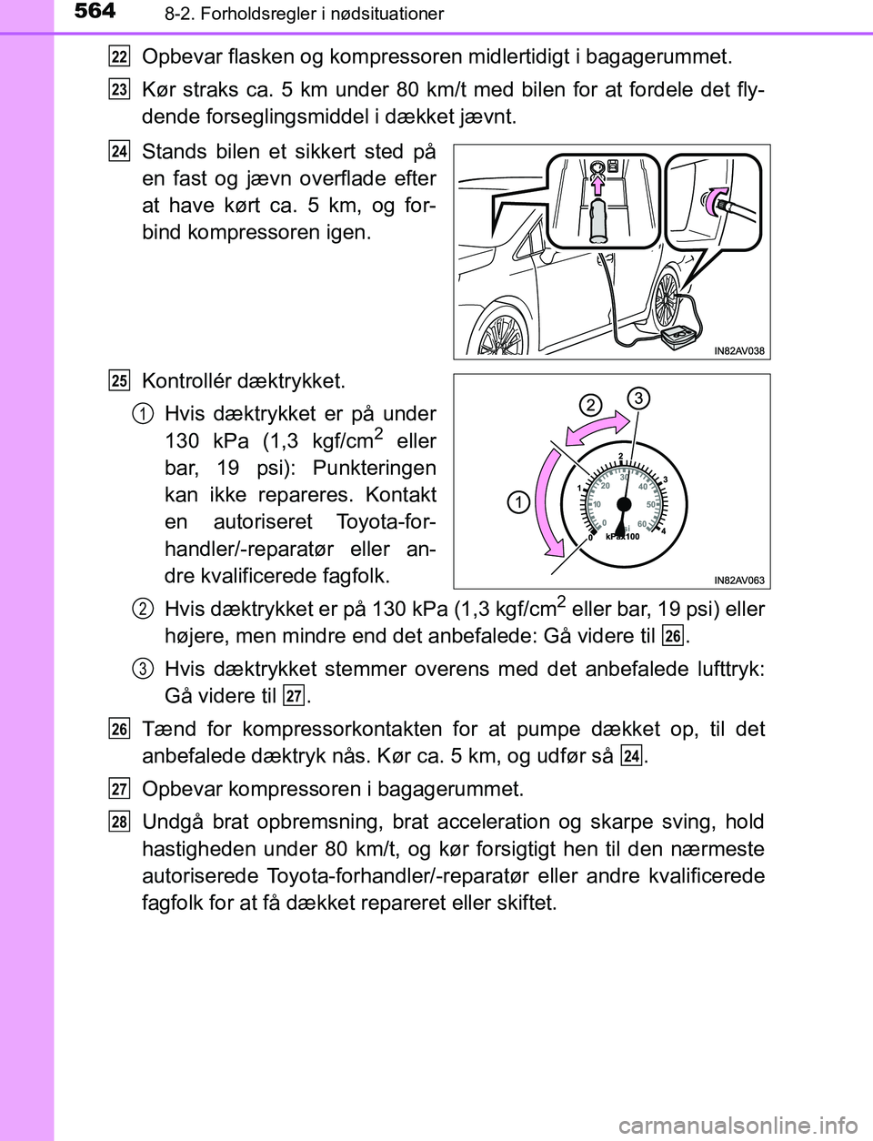 TOYOTA AVENSIS 2017 Brugsanvisning (in Danish) 5648-2. Forholdsregler i nødsituationer
OM20C66DK
Opbevar flasken og kompressoren midlertidigt i bagagerummet.
Kør straks ca. 5 km under 80 km/t med bilen for at fordele det fly-
dende forseglingsmi TOYOTA AVENSIS 2017 Brugsanvisning (in Danish) 5648-2. Forholdsregler i nødsituationer
OM20C66DK
Opbevar flasken og kompressoren midlertidigt i bagagerummet.
Kør straks ca. 5 km under 80 km/t med bilen for at fordele det fly-
dende forseglingsmi