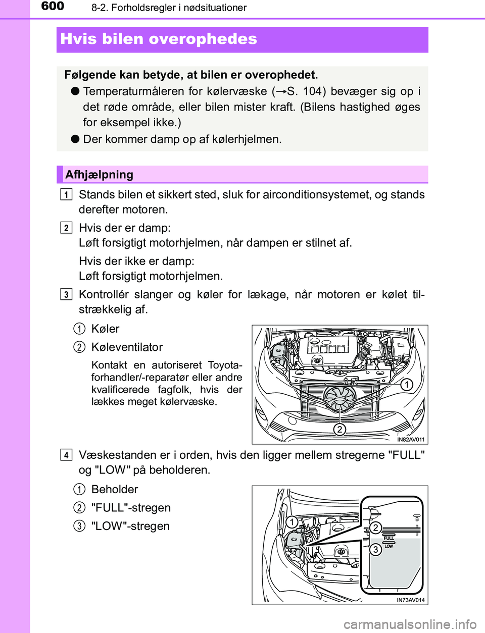 TOYOTA AVENSIS 2017 Brugsanvisning (in Danish) 6008-2. Forholdsregler i nødsituationer
OM20C66DK
Hvis bilen overophedes
Stands bilen et sikkert sted, sluk for airconditionsystemet, og stands
derefter motoren.
Hvis der er damp:
Løft forsigtigt m TOYOTA AVENSIS 2017 Brugsanvisning (in Danish) 6008-2. Forholdsregler i nødsituationer
OM20C66DK
Hvis bilen overophedes
Stands bilen et sikkert sted, sluk for airconditionsystemet, og stands
derefter motoren.
Hvis der er damp:
Løft forsigtigt m