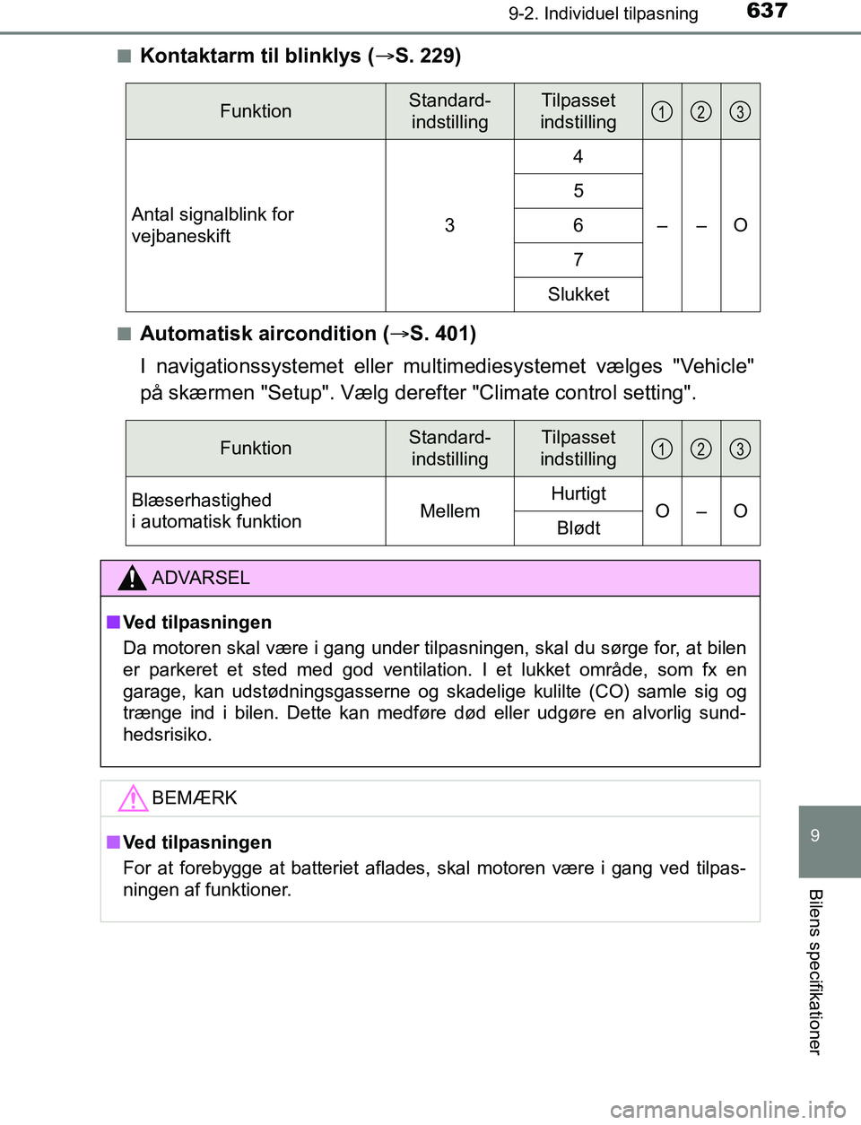 TOYOTA AVENSIS 2017 Brugsanvisning (in Danish) 6379-2. Individuel tilpasning
OM20C66DK
9
Bilens specifikationer
nKontaktarm til blinklys (S. 229)
nAutomatisk aircondition ( S. 401)
I navigationssystemet eller multimediesystemet vælges "Vehi TOYOTA AVENSIS 2017 Brugsanvisning (in Danish) 6379-2. Individuel tilpasning
OM20C66DK
9
Bilens specifikationer
nKontaktarm til blinklys (S. 229)
nAutomatisk aircondition ( S. 401)
I navigationssystemet eller multimediesystemet vælges "Vehi