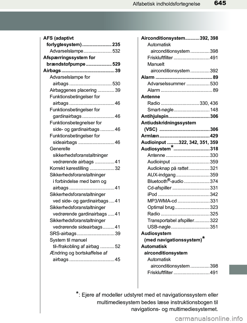 TOYOTA AVENSIS 2017 Brugsanvisning (in Danish) 645Alfabetisk indholdsfortegnelse
OM20C66DK
AFS (adaptivt forlygtesystem) ....................... 235
Advarselslampe...................... 532
Afspærringssystem for brændstofpumpe ................. TOYOTA AVENSIS 2017 Brugsanvisning (in Danish) 645Alfabetisk indholdsfortegnelse
OM20C66DK
AFS (adaptivt forlygtesystem) ....................... 235
Advarselslampe...................... 532
Afspærringssystem for brændstofpumpe .................