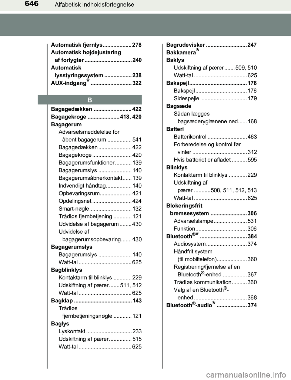TOYOTA AVENSIS 2017 Brugsanvisning (in Danish) 646Alfabetisk indholdsfortegnelse
OM20C66DK
Automatisk fjernlys ................... 278
Automatisk højdejustering af forlygter ............................... 240
Automatisk lysstyringssystem ...... TOYOTA AVENSIS 2017 Brugsanvisning (in Danish) 646Alfabetisk indholdsfortegnelse
OM20C66DK
Automatisk fjernlys ................... 278
Automatisk højdejustering af forlygter ............................... 240
Automatisk lysstyringssystem ......