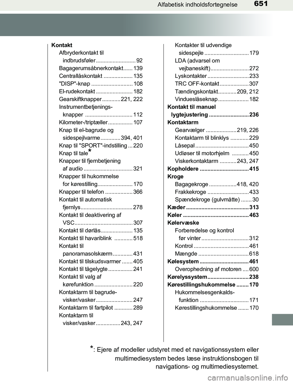 TOYOTA AVENSIS 2017 Brugsanvisning (in Danish) 651Alfabetisk indholdsfortegnelse
OM20C66DK
KontaktAfbryderkontakt til
indbrudsføler .......................... 92
Bagagerumsåbnerkontakt ...... 139
Centrallåskontakt ................... 135
"DISP TOYOTA AVENSIS 2017 Brugsanvisning (in Danish) 651Alfabetisk indholdsfortegnelse
OM20C66DK
KontaktAfbryderkontakt til
indbrudsføler .......................... 92
Bagagerumsåbnerkontakt ...... 139
Centrallåskontakt ................... 135
"DISP