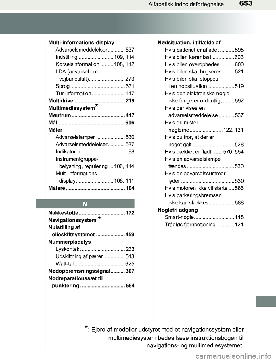 TOYOTA AVENSIS 2017 Brugsanvisning (in Danish) 653Alfabetisk indholdsfortegnelse
OM20C66DK
Multi-informations-displayAdvarselsmeddelelser ............ 537
Indstilling ........................ 109, 114
Kørselsinformation ......... 108, 112
LDA (ad TOYOTA AVENSIS 2017 Brugsanvisning (in Danish) 653Alfabetisk indholdsfortegnelse
OM20C66DK
Multi-informations-displayAdvarselsmeddelelser ............ 537
Indstilling ........................ 109, 114
Kørselsinformation ......... 108, 112
LDA (ad