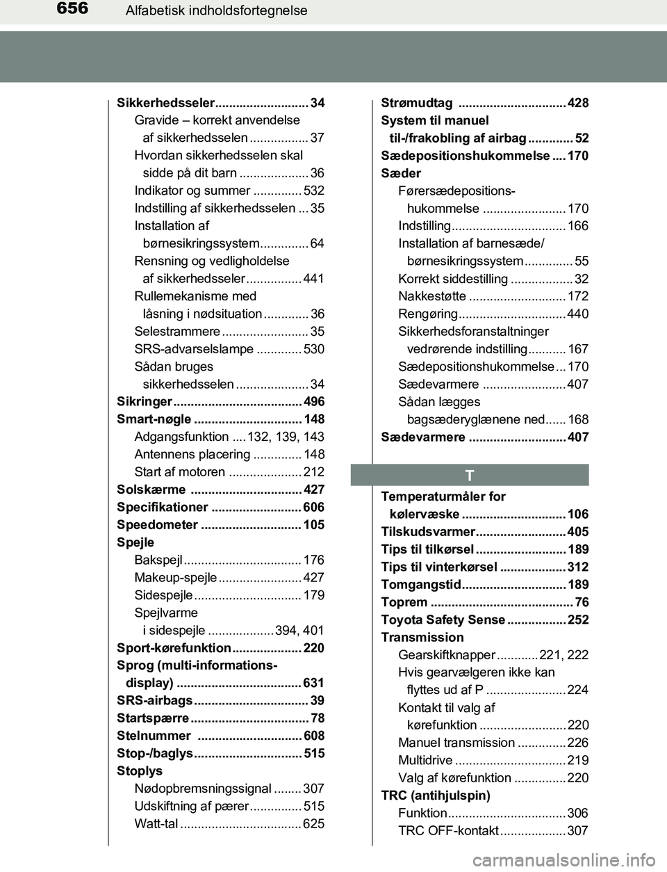 TOYOTA AVENSIS 2017 Brugsanvisning (in Danish) 656Alfabetisk indholdsfortegnelse
OM20C66DK
Sikkerhedsseler........................... 34Gravide – korrekt anvendelse
af sikkerhedsselen ................. 37
Hvordan sikkerhedsselen skal sidde på TOYOTA AVENSIS 2017 Brugsanvisning (in Danish) 656Alfabetisk indholdsfortegnelse
OM20C66DK
Sikkerhedsseler........................... 34Gravide – korrekt anvendelse
af sikkerhedsselen ................. 37
Hvordan sikkerhedsselen skal sidde på