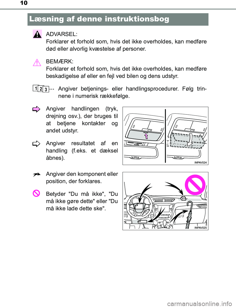TOYOTA AVENSIS 2017 Brugsanvisning (in Danish) 10
OM20C66DK
Læsning af denne instruktionsbog
ADVARSEL:
Forklarer et forhold som, hvis det ikke overholdes, kan medføre
død eller alvorlig kvæstelse af personer.
BEMÆRK:
Forklarer et forhold so TOYOTA AVENSIS 2017 Brugsanvisning (in Danish) 10
OM20C66DK
Læsning af denne instruktionsbog
ADVARSEL:
Forklarer et forhold som, hvis det ikke overholdes, kan medføre
død eller alvorlig kvæstelse af personer.
BEMÆRK:
Forklarer et forhold so