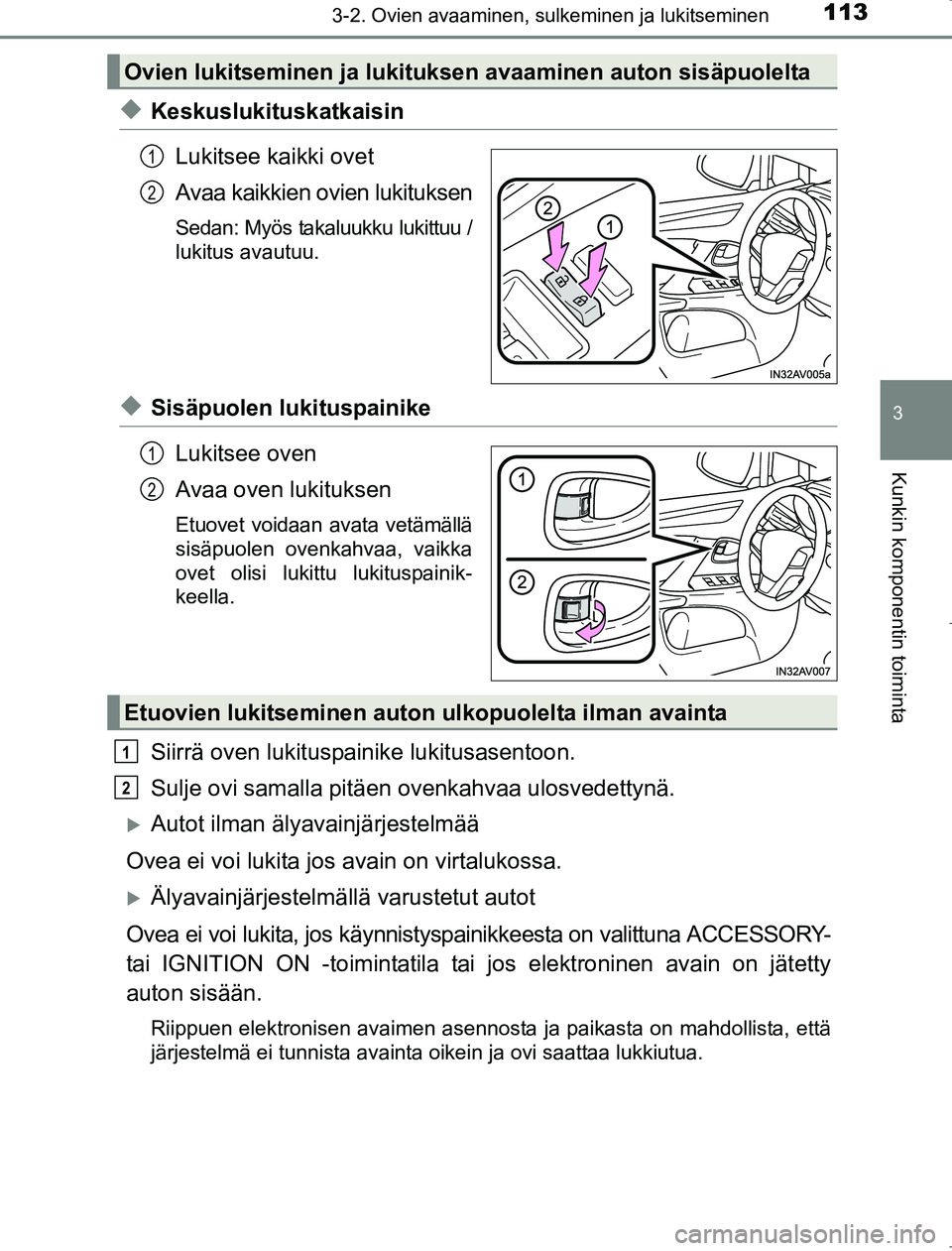 TOYOTA AVENSIS 2017 Omistajan Käsikirja (in Finnish) 1133-2. Ovien avaaminen, sulkeminen ja lukitseminen
3
Kunkin komponentin toiminta
OM20C66FI
uKeskuslukituskatkaisinLukitsee kaikki ovet
Avaa kaikkien ovien lukituksen
Sedan: Myös takaluukku lukittuu TOYOTA AVENSIS 2017 Omistajan Käsikirja (in Finnish) 1133-2. Ovien avaaminen, sulkeminen ja lukitseminen
3
Kunkin komponentin toiminta
OM20C66FI
uKeskuslukituskatkaisinLukitsee kaikki ovet
Avaa kaikkien ovien lukituksen
Sedan: Myös takaluukku lukittuu