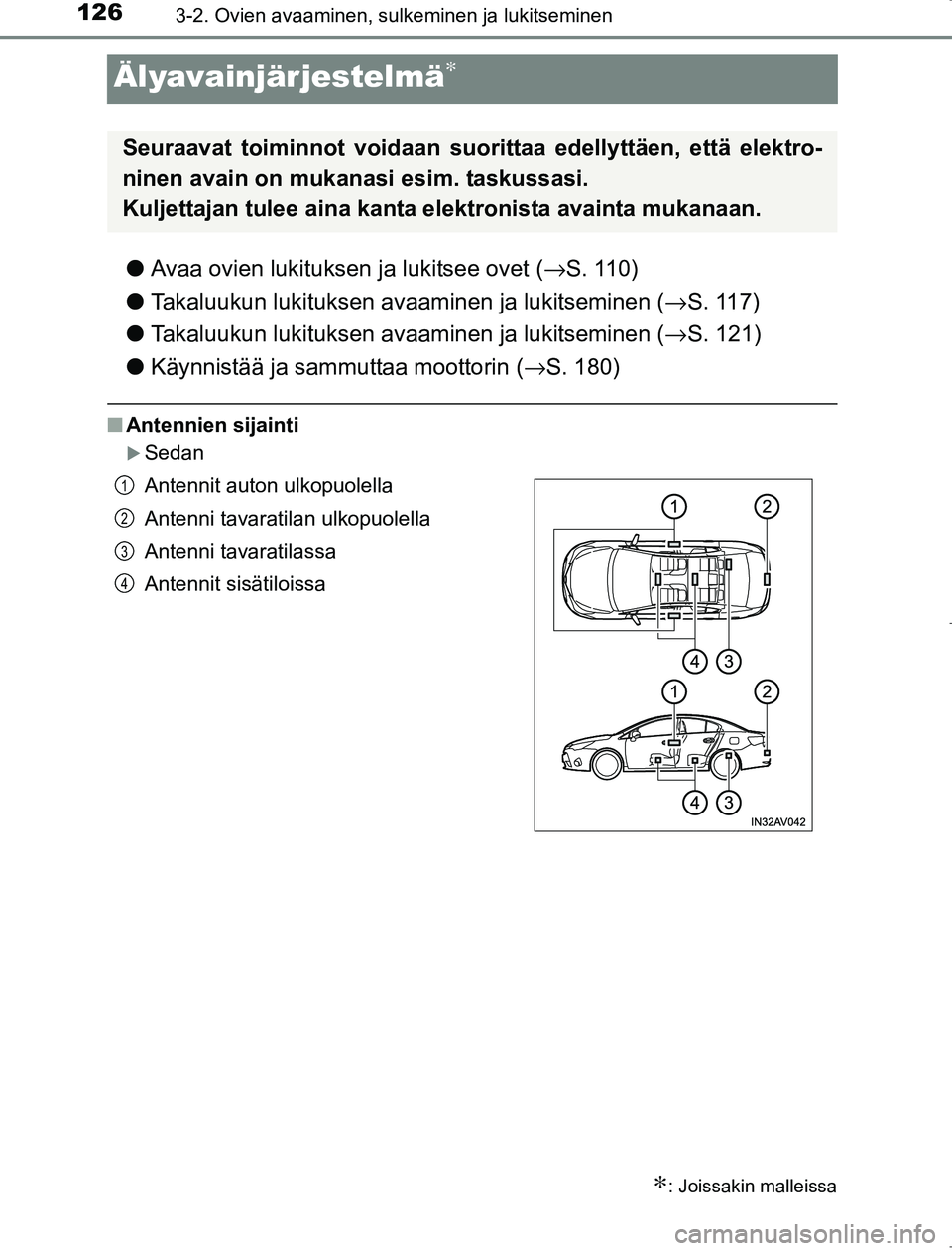 TOYOTA AVENSIS 2017 Omistajan Käsikirja (in Finnish) 1263-2. Ovien avaaminen, sulkeminen ja lukitseminen
OM20C66FI
Älyavainjärjestelmä∗
lAvaa ovien lukituksen ja lukitsee ovet ( →S. 110)
l Takaluukun lukituksen avaaminen ja lukitseminen ( →S. 1 TOYOTA AVENSIS 2017 Omistajan Käsikirja (in Finnish) 1263-2. Ovien avaaminen, sulkeminen ja lukitseminen
OM20C66FI
Älyavainjärjestelmä∗
lAvaa ovien lukituksen ja lukitsee ovet ( →S. 110)
l Takaluukun lukituksen avaaminen ja lukitseminen ( →S. 1