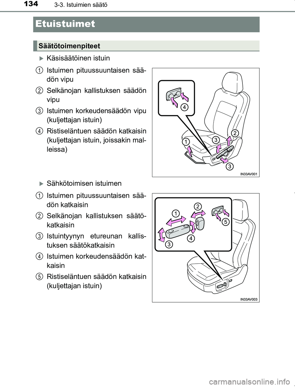 TOYOTA AVENSIS 2017 Omistajan Käsikirja (in Finnish) 1343-3. Istuimien säätö
OM20C66FI
Etuistuimet
Käsisäätöinen istuin
Istuimen pituussuuntaisen sää-
dön vipu
Selkänojan kallistuksen säädön
vipu
Istuimen korkeudensäädön vipu
(kuljet TOYOTA AVENSIS 2017 Omistajan Käsikirja (in Finnish) 1343-3. Istuimien säätö
OM20C66FI
Etuistuimet
Käsisäätöinen istuin
Istuimen pituussuuntaisen sää-
dön vipu
Selkänojan kallistuksen säädön
vipu
Istuimen korkeudensäädön vipu
(kuljet