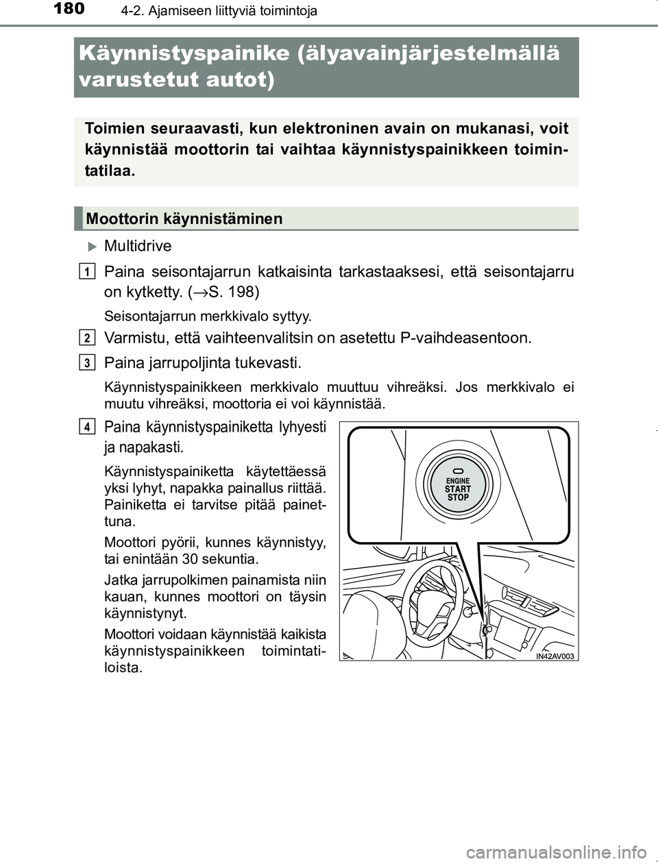 TOYOTA AVENSIS 2017 Omistajan Käsikirja (in Finnish) 1804-2. Ajamiseen liittyviä toimintoja
OM20C66FI
Käynnistyspainike (älyavainjärjestelmällä
varustetut autot)
Multidrive
Paina seisontajarrun katkaisinta tarkastaaksesi, että seisontajarru
o TOYOTA AVENSIS 2017 Omistajan Käsikirja (in Finnish) 1804-2. Ajamiseen liittyviä toimintoja
OM20C66FI
Käynnistyspainike (älyavainjärjestelmällä
varustetut autot)
Multidrive
Paina seisontajarrun katkaisinta tarkastaaksesi, että seisontajarru
o