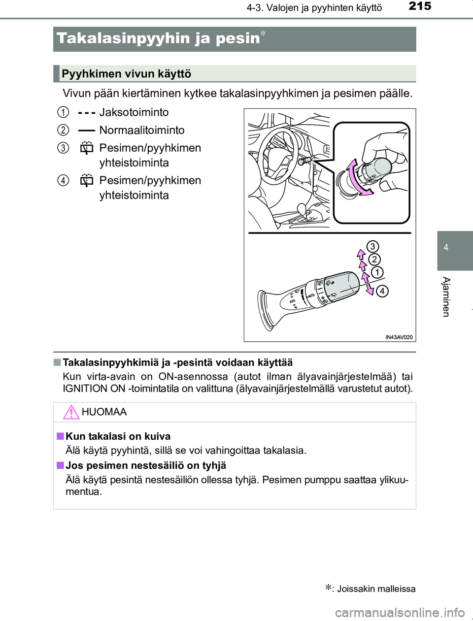 TOYOTA AVENSIS 2017 Omistajan Käsikirja (in Finnish) 215
4
4-3. Valojen ja pyyhinten käyttö
Ajaminen
OM20C66FI
Takalasinpyyhin ja pesin∗
Vivun pään kiertäminen kytkee takalasinpyyhkimen ja pesimen päälle.Jaksotoiminto
Normaalitoiminto
Pesimen/p TOYOTA AVENSIS 2017 Omistajan Käsikirja (in Finnish) 215
4
4-3. Valojen ja pyyhinten käyttö
Ajaminen
OM20C66FI
Takalasinpyyhin ja pesin∗
Vivun pään kiertäminen kytkee takalasinpyyhkimen ja pesimen päälle.Jaksotoiminto
Normaalitoiminto
Pesimen/p