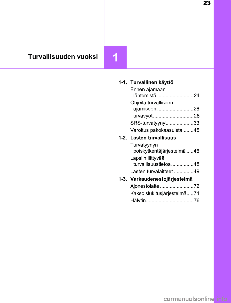 TOYOTA AVENSIS 2017 Omistajan Käsikirja (in Finnish) 23
1Turvallisuuden vuoksi
OM20C66FI1-1. Turvallinen käyttö
Ennen ajamaan lähtemistä .......................... 24
Ohjeita turvalliseen ajamiseen .......................... 26
Turvavyöt ......... TOYOTA AVENSIS 2017 Omistajan Käsikirja (in Finnish) 23
1Turvallisuuden vuoksi
OM20C66FI1-1. Turvallinen käyttö
Ennen ajamaan lähtemistä .......................... 24
Ohjeita turvalliseen ajamiseen .......................... 26
Turvavyöt .........
