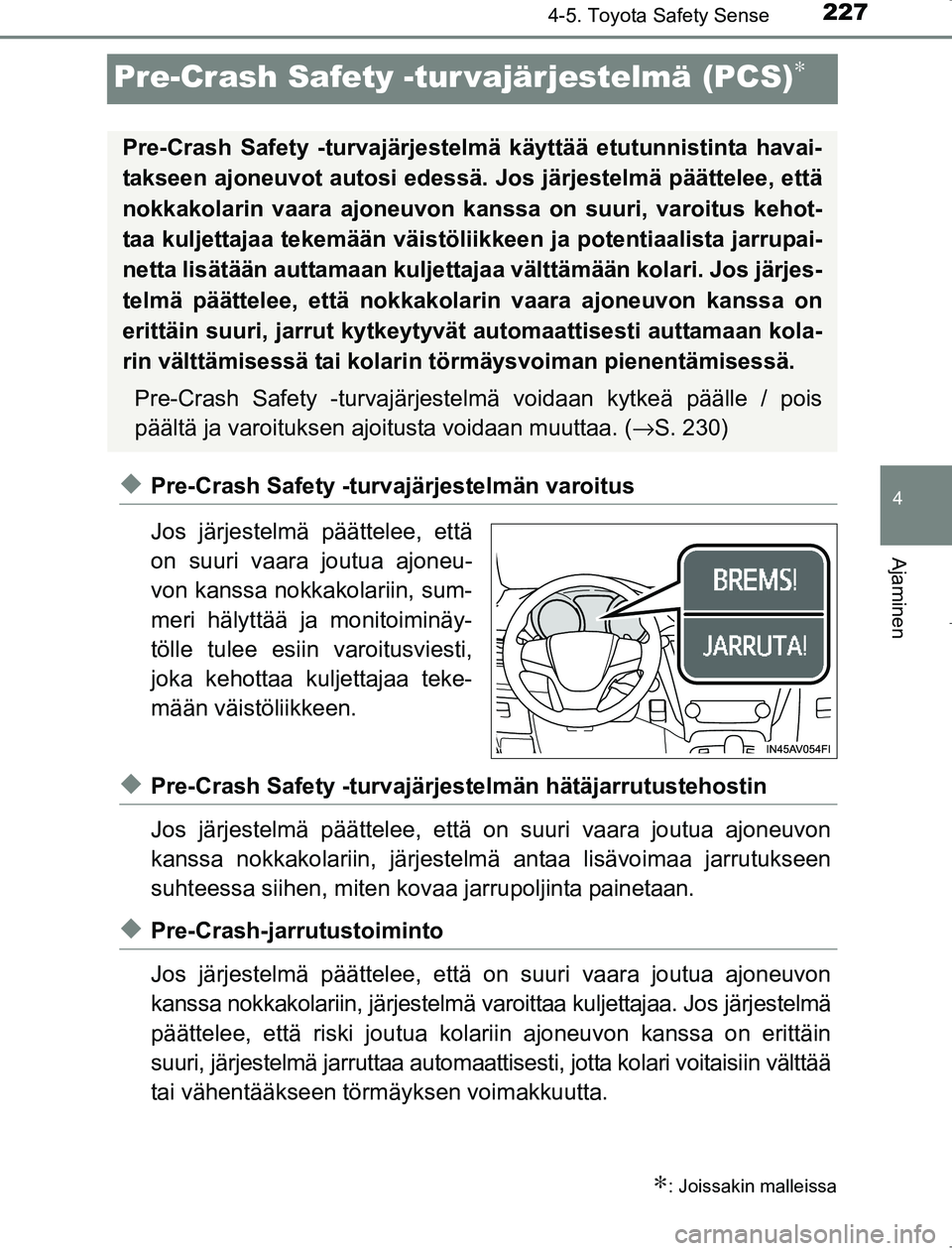 TOYOTA AVENSIS 2017 Omistajan Käsikirja (in Finnish) 227
4
4-5. Toyota Safety Sense
Ajaminen
OM20C66FI
Pre-Crash Safety -tur vajärjestelmä (PCS)∗
uPre-Crash Safety -turvajärjestelmän varoitus
Jos järjestelmä päättelee, että
on suuri vaara jou TOYOTA AVENSIS 2017 Omistajan Käsikirja (in Finnish) 227
4
4-5. Toyota Safety Sense
Ajaminen
OM20C66FI
Pre-Crash Safety -tur vajärjestelmä (PCS)∗
uPre-Crash Safety -turvajärjestelmän varoitus
Jos järjestelmä päättelee, että
on suuri vaara jou