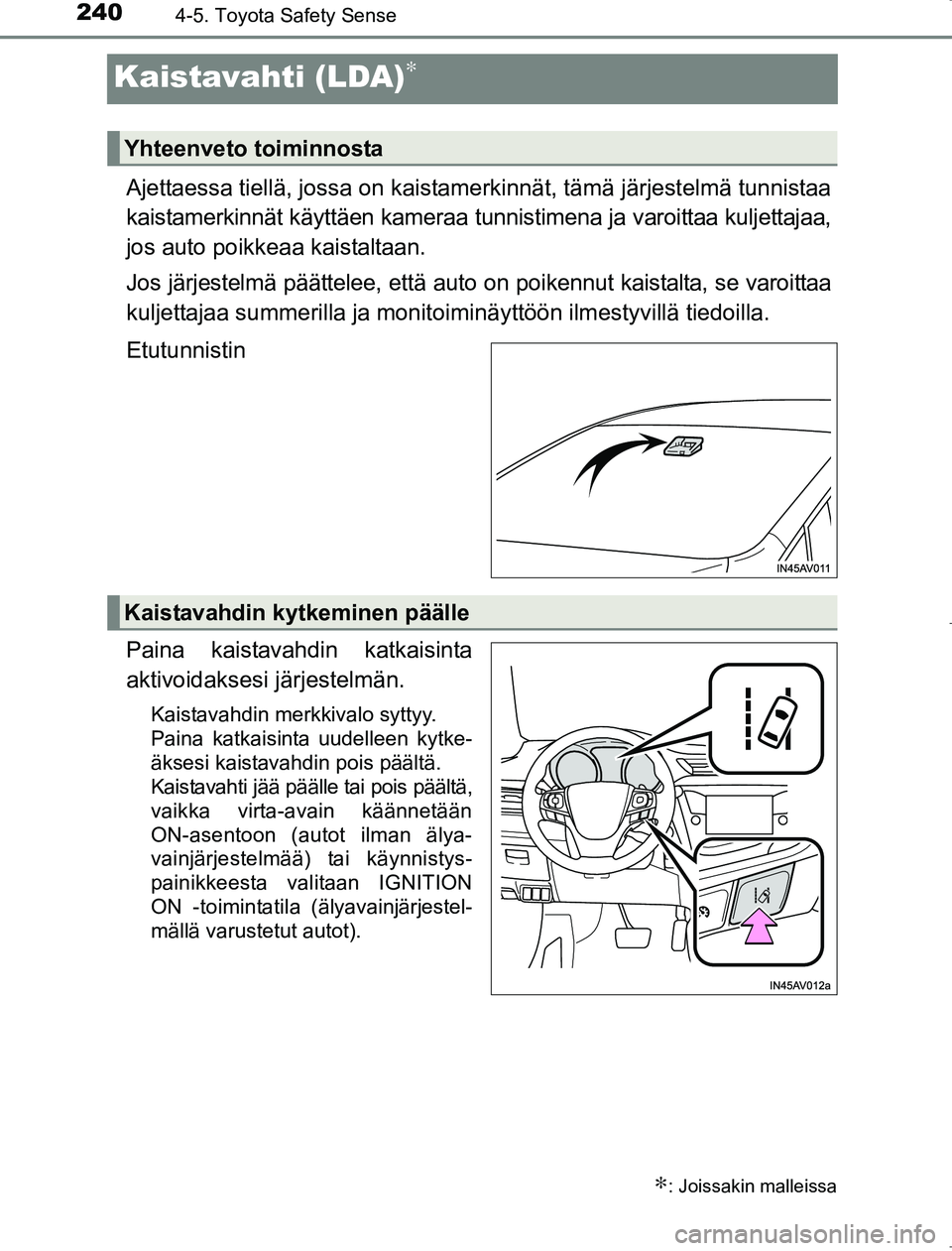 TOYOTA AVENSIS 2017 Omistajan Käsikirja (in Finnish) 2404-5. Toyota Safety Sense
OM20C66FI
Kaistavahti (LDA)∗
Ajettaessa tiellä, jossa on kaistamerkinnät, tämä järjestelmä tunnistaa
kaistamerkinnät käyttäen kameraa tunnistimena ja varoittaa k TOYOTA AVENSIS 2017 Omistajan Käsikirja (in Finnish) 2404-5. Toyota Safety Sense
OM20C66FI
Kaistavahti (LDA)∗
Ajettaessa tiellä, jossa on kaistamerkinnät, tämä järjestelmä tunnistaa
kaistamerkinnät käyttäen kameraa tunnistimena ja varoittaa k