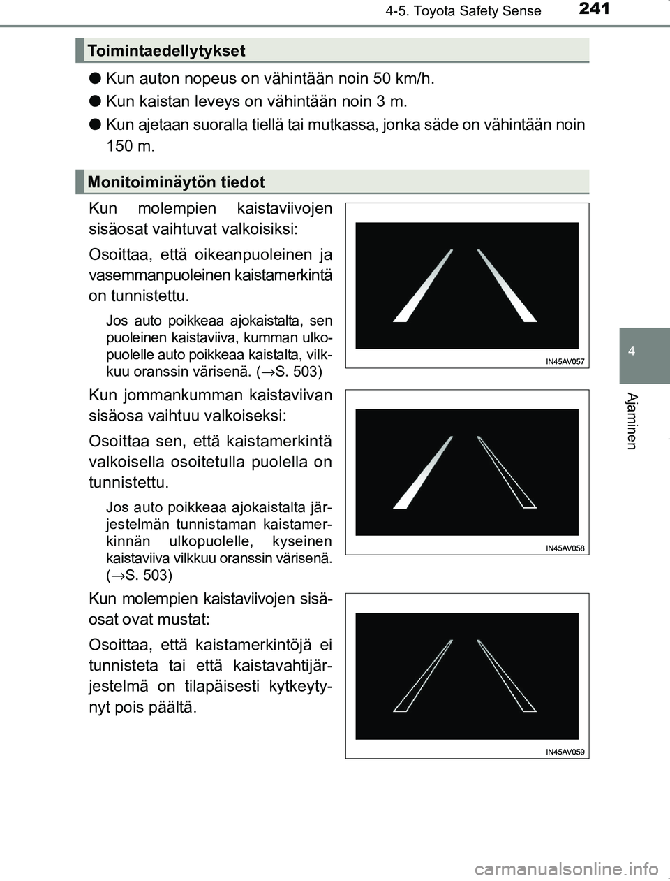 TOYOTA AVENSIS 2017 Omistajan Käsikirja (in Finnish) 2414-5. Toyota Safety Sense
4
Ajaminen
OM20C66FI
lKun auton nopeus on vähintään noin 50 km/h.
l Kun kaistan leveys on vähintään noin 3 m.
l Kun ajetaan suoralla tiellä tai mutkassa, jonka säde TOYOTA AVENSIS 2017 Omistajan Käsikirja (in Finnish) 2414-5. Toyota Safety Sense
4
Ajaminen
OM20C66FI
lKun auton nopeus on vähintään noin 50 km/h.
l Kun kaistan leveys on vähintään noin 3 m.
l Kun ajetaan suoralla tiellä tai mutkassa, jonka säde