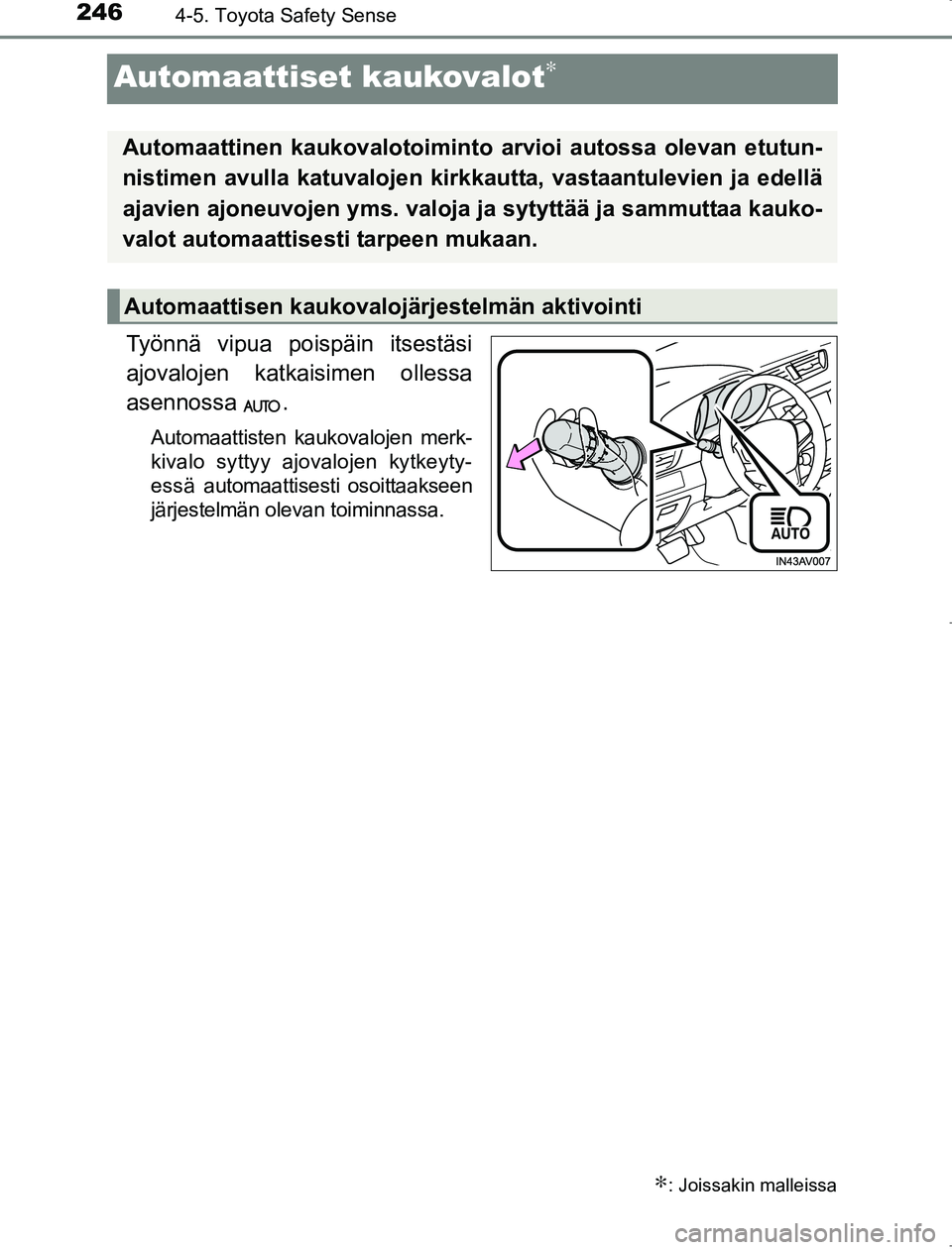 TOYOTA AVENSIS 2017 Omistajan Käsikirja (in Finnish) 2464-5. Toyota Safety Sense
OM20C66FI
Automaattiset kaukovalot∗
Työnnä vipua poispäin itsestäsi
ajovalojen katkaisimen ollessa
asennossa .
Automaattisten kaukovalojen merk-
kivalo syttyy ajovalo TOYOTA AVENSIS 2017 Omistajan Käsikirja (in Finnish) 2464-5. Toyota Safety Sense
OM20C66FI
Automaattiset kaukovalot∗
Työnnä vipua poispäin itsestäsi
ajovalojen katkaisimen ollessa
asennossa .
Automaattisten kaukovalojen merk-
kivalo syttyy ajovalo