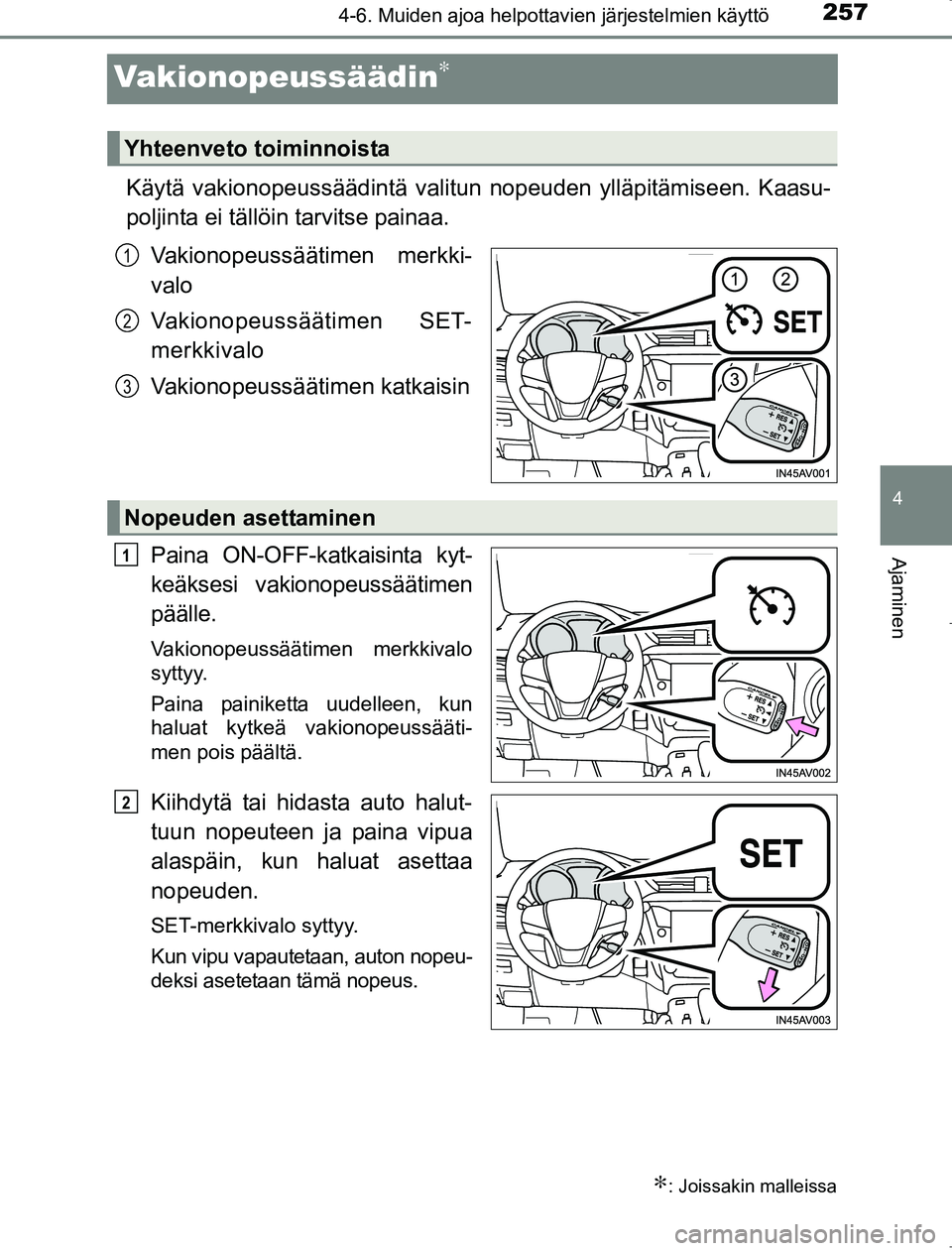 TOYOTA AVENSIS 2017 Omistajan Käsikirja (in Finnish) 257
4
4-6. Muiden ajoa helpottavien järjestelmien käyttö
Ajaminen
OM20C66FI
Vakionopeussäädin∗
Käytä vakionopeussäädintä valitun nopeuden ylläpitämiseen. Kaasu-
poljinta ei tällöin tar TOYOTA AVENSIS 2017 Omistajan Käsikirja (in Finnish) 257
4
4-6. Muiden ajoa helpottavien järjestelmien käyttö
Ajaminen
OM20C66FI
Vakionopeussäädin∗
Käytä vakionopeussäädintä valitun nopeuden ylläpitämiseen. Kaasu-
poljinta ei tällöin tar