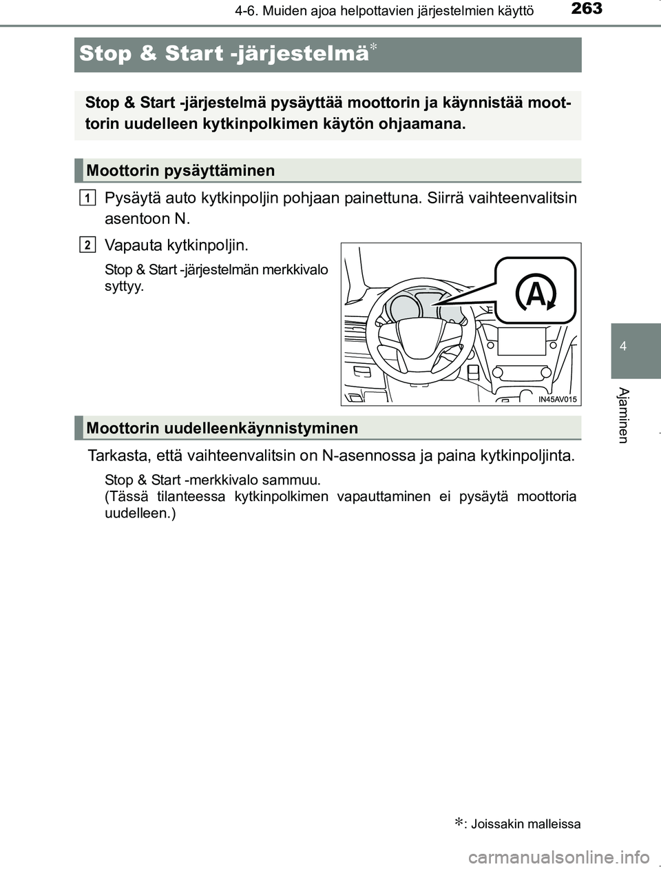 TOYOTA AVENSIS 2017 Omistajan Käsikirja (in Finnish) 263
4
4-6. Muiden ajoa helpottavien järjestelmien käyttö
Ajaminen
OM20C66FI
Stop & Start -järjestelmä∗
Pysäytä auto kytkinpoljin pohjaan painettuna. Siirrä vaihteenvalitsin
asentoon N.
Vapau TOYOTA AVENSIS 2017 Omistajan Käsikirja (in Finnish) 263
4
4-6. Muiden ajoa helpottavien järjestelmien käyttö
Ajaminen
OM20C66FI
Stop & Start -järjestelmä∗
Pysäytä auto kytkinpoljin pohjaan painettuna. Siirrä vaihteenvalitsin
asentoon N.
Vapau