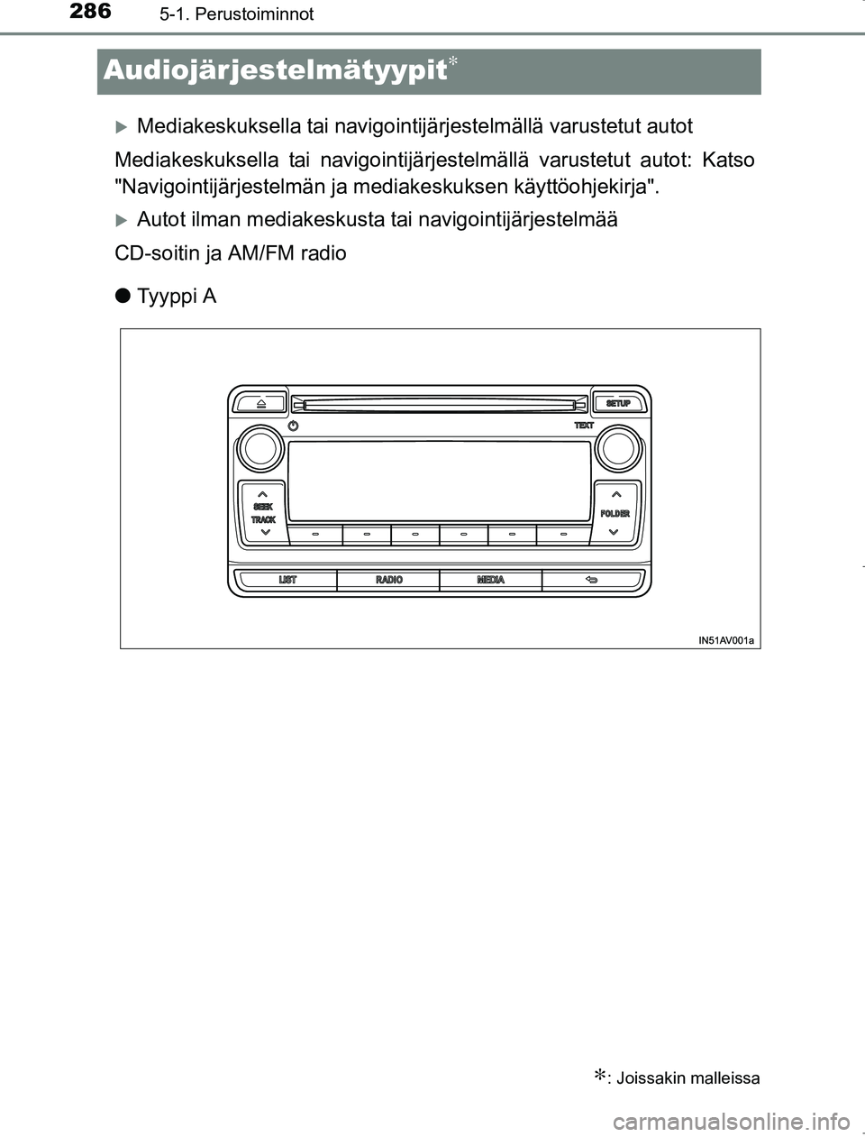 TOYOTA AVENSIS 2017 Omistajan Käsikirja (in Finnish) 2865-1. Perustoiminnot
OM20C66FI
Audiojärjestelmätyypit∗
Mediakeskuksella tai navigointijärjestelmällä varustetut autot
Mediakeskuksella tai navigointijärjes telmällä varustetut autot: Ka TOYOTA AVENSIS 2017 Omistajan Käsikirja (in Finnish) 2865-1. Perustoiminnot
OM20C66FI
Audiojärjestelmätyypit∗
Mediakeskuksella tai navigointijärjestelmällä varustetut autot
Mediakeskuksella tai navigointijärjes telmällä varustetut autot: Ka