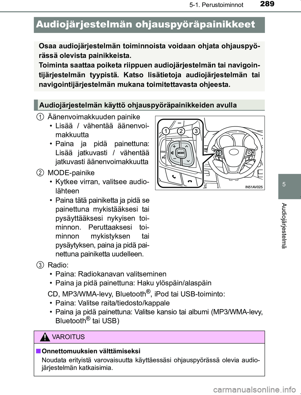 TOYOTA AVENSIS 2017 Omistajan Käsikirja (in Finnish) 289
5
5-1. Perustoiminnot
Audiojärjestelmä
OM20C66FI
Audiojärjestelmän ohjauspyöräpainikkeet
Äänenvoimakkuuden painike• Lisää / vähentää äänenvoi- makkuutta
• Paina ja pidä painett TOYOTA AVENSIS 2017 Omistajan Käsikirja (in Finnish) 289
5
5-1. Perustoiminnot
Audiojärjestelmä
OM20C66FI
Audiojärjestelmän ohjauspyöräpainikkeet
Äänenvoimakkuuden painike• Lisää / vähentää äänenvoi- makkuutta
• Paina ja pidä painett