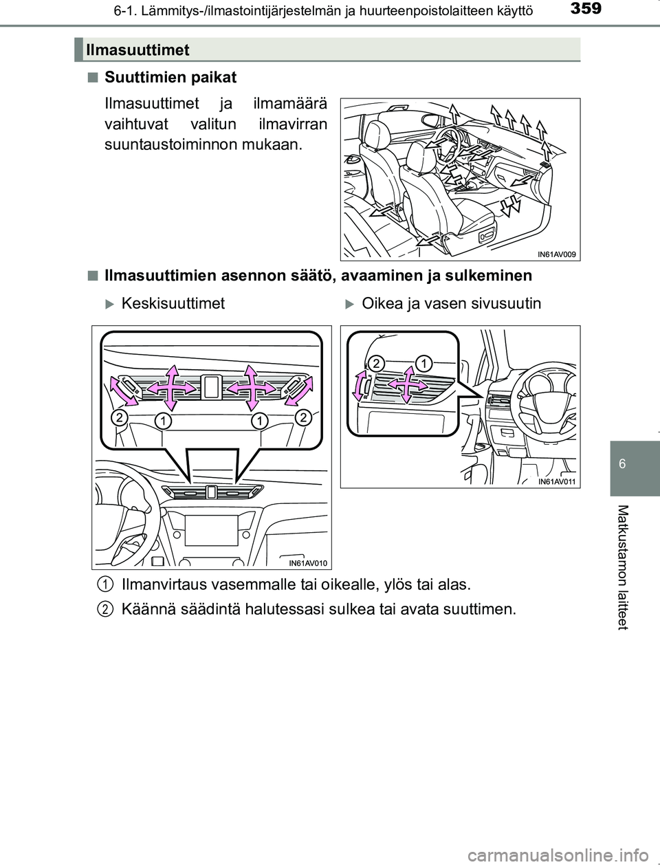 TOYOTA AVENSIS 2017  Omistajan Käsikirja (in Finnish) 3596-1. Lämmitys-/ilmastointijärjestelmän ja huurteenpoistolaitteen käyttö
OM20C66FI
6
Matkustamon laitteet
nSuuttimien paikat
Ilmasuuttimet ja ilmamäärä
vaihtuvat valitun ilmavirran
suuntaust
