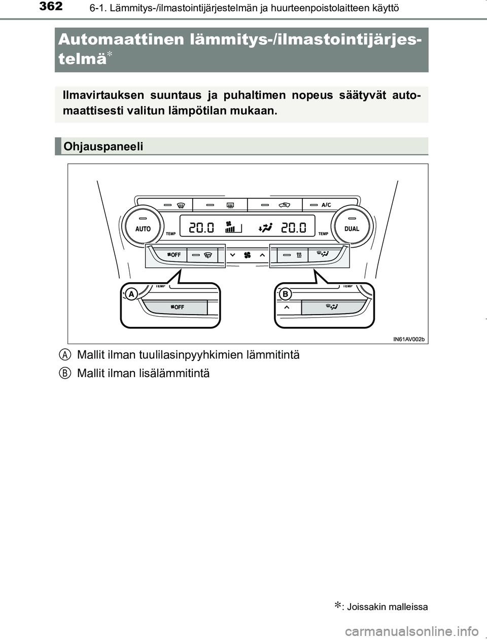 TOYOTA AVENSIS 2017 Omistajan Käsikirja (in Finnish) 3626-1. Lämmitys-/ilmastointijärjestelmän ja huurteenpoistolaitteen käyttö
OM20C66FI
Automaattinen lämmitys-/ilmastointijärjes-
telmä
∗
Mallit ilman tuulilasinpyyhkimien lämmitintä
Mallit TOYOTA AVENSIS 2017 Omistajan Käsikirja (in Finnish) 3626-1. Lämmitys-/ilmastointijärjestelmän ja huurteenpoistolaitteen käyttö
OM20C66FI
Automaattinen lämmitys-/ilmastointijärjes-
telmä
∗
Mallit ilman tuulilasinpyyhkimien lämmitintä
Mallit