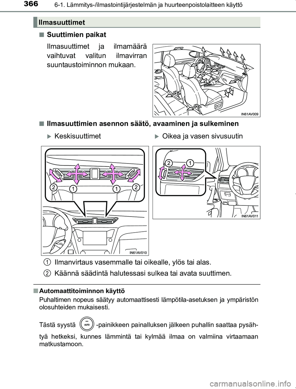TOYOTA AVENSIS 2017 Omistajan Käsikirja (in Finnish) 3666-1. Lämmitys-/ilmastointijärjestelmän ja huurteenpoistolaitteen käyttö
OM20C66FIn
Suuttimien paikat
Ilmasuuttimet ja ilmamäärä
vaihtuvat valitun ilmavirran
suuntaustoiminnon mukaan.
nIlmas TOYOTA AVENSIS 2017 Omistajan Käsikirja (in Finnish) 3666-1. Lämmitys-/ilmastointijärjestelmän ja huurteenpoistolaitteen käyttö
OM20C66FIn
Suuttimien paikat
Ilmasuuttimet ja ilmamäärä
vaihtuvat valitun ilmavirran
suuntaustoiminnon mukaan.
nIlmas