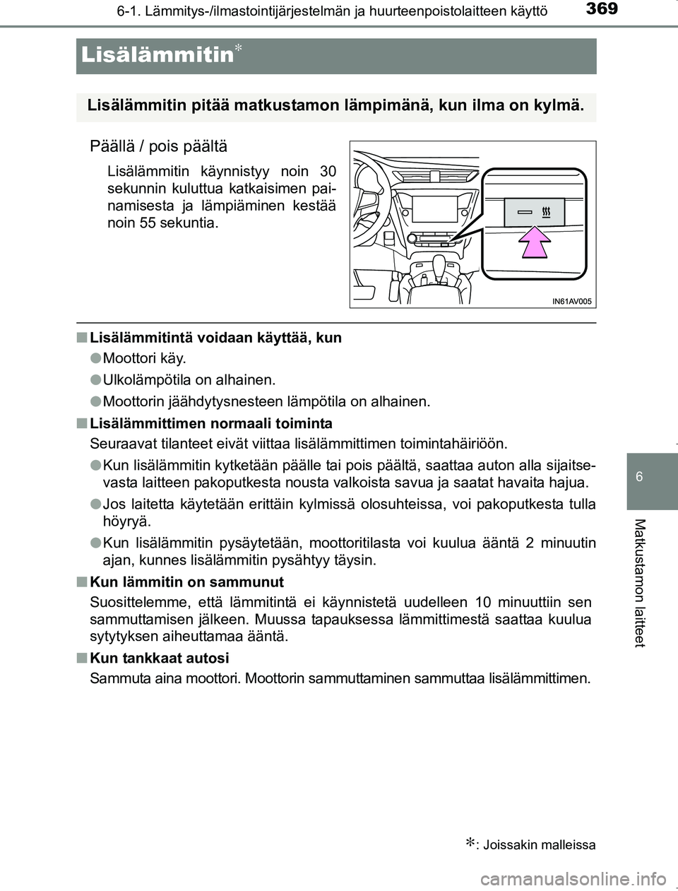 TOYOTA AVENSIS 2017 Omistajan Käsikirja (in Finnish) 3696-1. Lämmitys-/ilmastointijärjestelmän ja huurteenpoistolaitteen käyttö
OM20C66FI
6
Matkustamon laitteet
Lisälämmitin∗
Päällä / pois päältä
Lisälämmitin käynnistyy noin 30
sekunni TOYOTA AVENSIS 2017 Omistajan Käsikirja (in Finnish) 3696-1. Lämmitys-/ilmastointijärjestelmän ja huurteenpoistolaitteen käyttö
OM20C66FI
6
Matkustamon laitteet
Lisälämmitin∗
Päällä / pois päältä
Lisälämmitin käynnistyy noin 30
sekunni