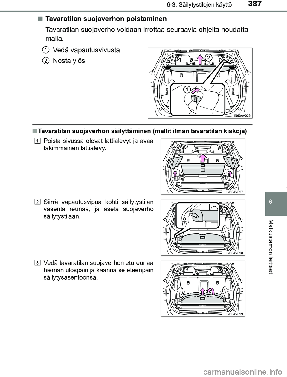 TOYOTA AVENSIS 2017  Omistajan Käsikirja (in Finnish) 3876-3. Säilytystilojen käyttö
OM20C66FI
6
Matkustamon laitteet
nTavaratilan suojaverhon poistaminen
Tavaratilan suojaverho voidaan irrottaa seuraavia ohjeita noudatta-
malla.
Vedä vapautusvivusta