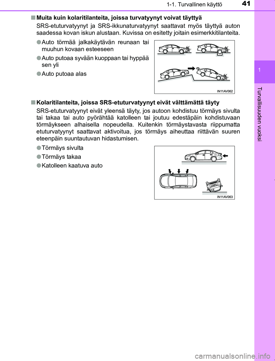 TOYOTA AVENSIS 2017  Omistajan Käsikirja (in Finnish) 411-1. Turvallinen käyttö
1
OM20C66FI
Turvallisuuden vuoksi
nMuita kuin kolaritilanteita, joi ssa turvatyynyt voivat täyttyä
SRS-etuturvatyynyt ja SRS-ikkunaturvatyynyt saattavat myös täyttyä a