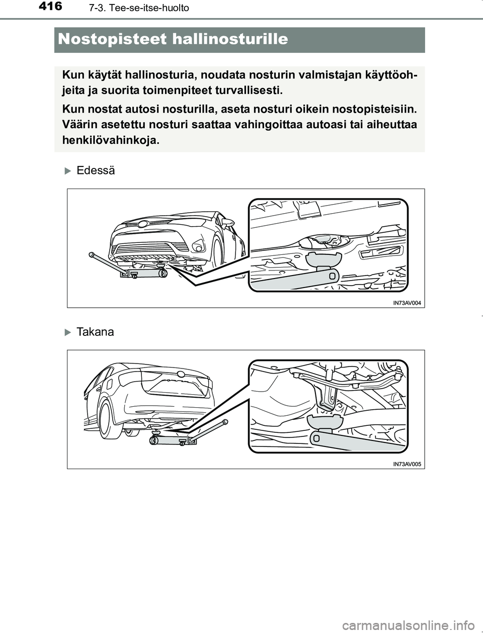 TOYOTA AVENSIS 2017  Omistajan Käsikirja (in Finnish) 4167-3. Tee-se-itse-huolto
OM20C66FI
Nostopisteet hallinosturille
Edessä
Ta k a n a
Kun käytät hallinosturia, noudata nosturin valmistajan käyttöoh-
jeita ja suorita toimenpiteet turvallise