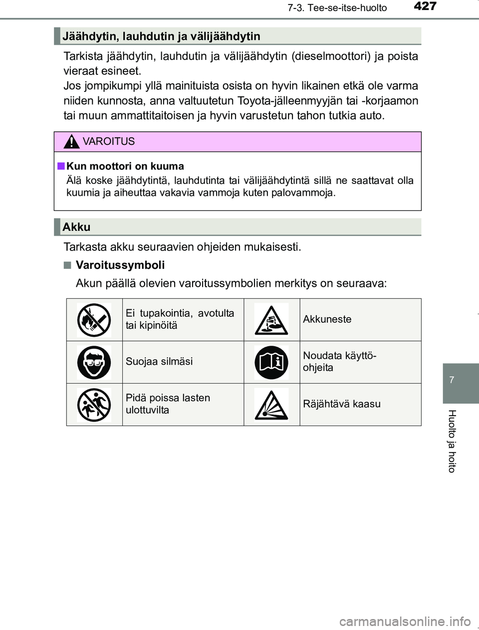 TOYOTA AVENSIS 2017 Omistajan Käsikirja (in Finnish) 4277-3. Tee-se-itse-huolto
OM20C66FI
7
Huolto ja hoito
Tarkista jäähdytin, lauhdutin ja välijäähdytin (dieselmoottori) ja poista
vieraat esineet.
Jos jompikumpi yllä mainituista osista on hyvin TOYOTA AVENSIS 2017 Omistajan Käsikirja (in Finnish) 4277-3. Tee-se-itse-huolto
OM20C66FI
7
Huolto ja hoito
Tarkista jäähdytin, lauhdutin ja välijäähdytin (dieselmoottori) ja poista
vieraat esineet.
Jos jompikumpi yllä mainituista osista on hyvin
