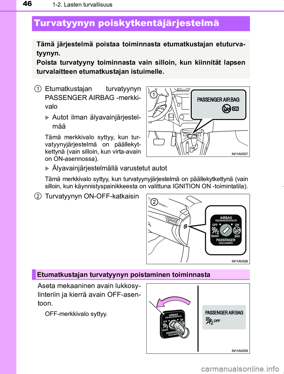 TOYOTA AVENSIS 2017  Omistajan Käsikirja (in Finnish) 461-2. Lasten turvallisuus
OM20C66FI
Tur vatyynyn poiskytkentäjärjestelmä
Etumatkustajan turvatyynyn
PASSENGER AIRBAG -merkki-
valo
Autot ilman älyavainjärjestel-
mää
Tämä merkkivalo sytty