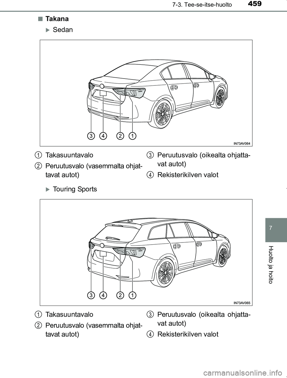 TOYOTA AVENSIS 2017  Omistajan Käsikirja (in Finnish) 4597-3. Tee-se-itse-huolto
OM20C66FI
7
Huolto ja hoito
nTa k a n a
Sedan
Touring Sports
Takasuuntavalo
Peruutusvalo (vasemmalta ohjat-
tavat autot)Peruutusvalo (oikealta ohjatta-
vat autot)
Reki