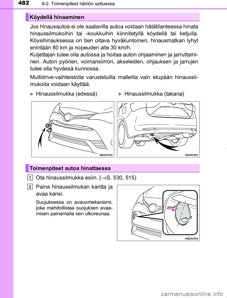 TOYOTA AVENSIS 2017 Omistajan Käsikirja (in Finnish) 4828-2. Toimenpiteet häiriön sattuessa
OM20C66FI
Jos hinausautoa ei ole saatavilla autoa voidaan hätätilanteessa hinata
hinaussilmukoihin tai -koukkuihin k iinnitetyllä köydellä tai ketjulla.
K TOYOTA AVENSIS 2017 Omistajan Käsikirja (in Finnish) 4828-2. Toimenpiteet häiriön sattuessa
OM20C66FI
Jos hinausautoa ei ole saatavilla autoa voidaan hätätilanteessa hinata
hinaussilmukoihin tai -koukkuihin k iinnitetyllä köydellä tai ketjulla.
K