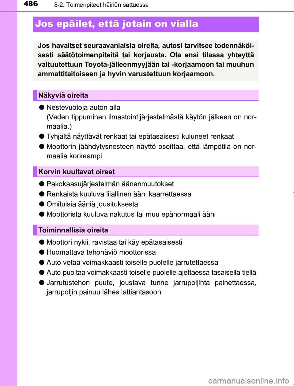 TOYOTA AVENSIS 2017 Omistajan Käsikirja (in Finnish) 4868-2. Toimenpiteet häiriön sattuessa
OM20C66FI
Jos epäilet, että jotain on vialla
lNestevuotoja auton alla
(Veden tippuminen ilmastointijärj estelmästä käytön jälkeen on nor-
maalia.)
l Ty TOYOTA AVENSIS 2017 Omistajan Käsikirja (in Finnish) 4868-2. Toimenpiteet häiriön sattuessa
OM20C66FI
Jos epäilet, että jotain on vialla
lNestevuotoja auton alla
(Veden tippuminen ilmastointijärj estelmästä käytön jälkeen on nor-
maalia.)
l Ty