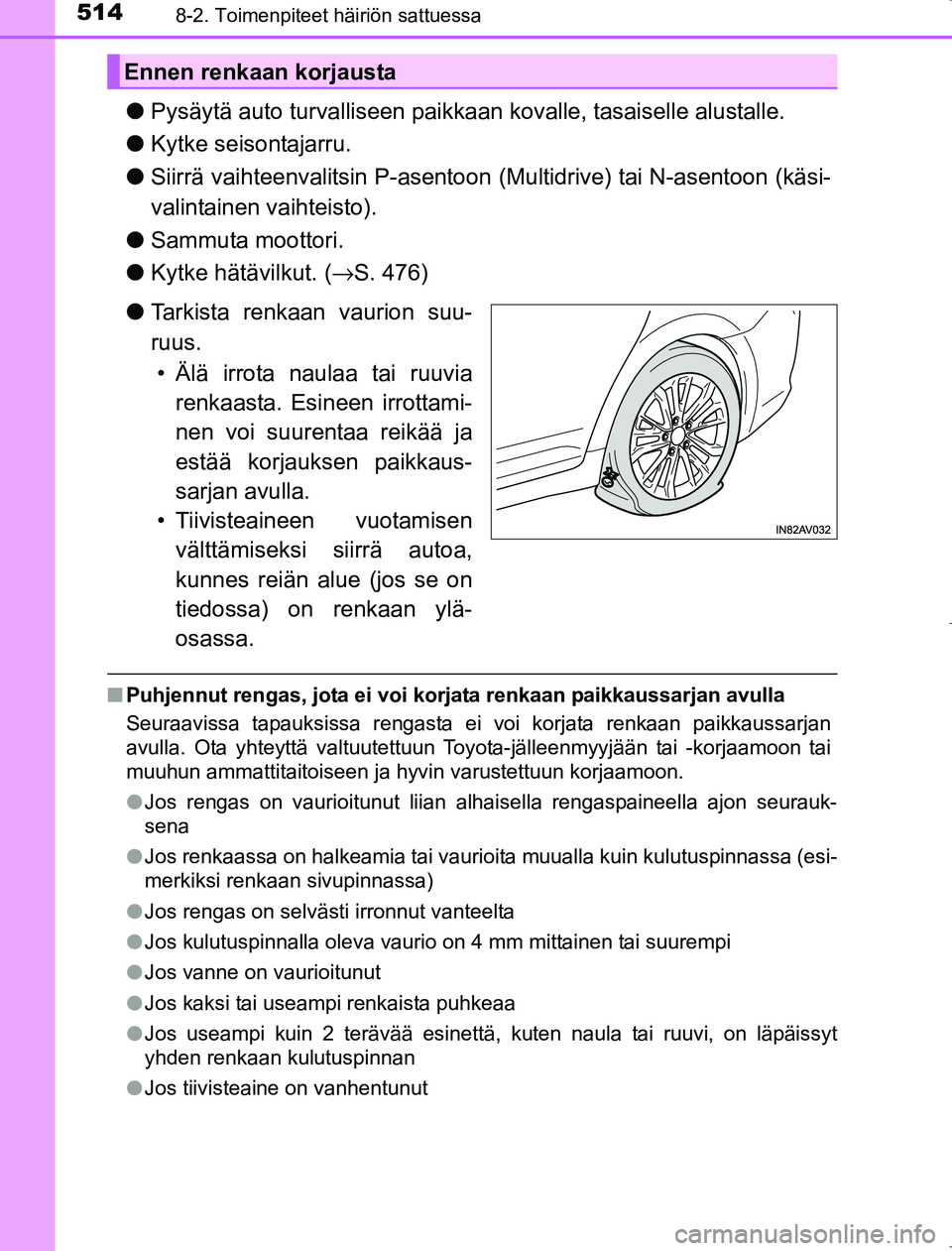 TOYOTA AVENSIS 2017 Omistajan Käsikirja (in Finnish) 5148-2. Toimenpiteet häiriön sattuessa
OM20C66FI
lPysäytä auto turvalliseen paikkaan kovalle, tasaiselle alustalle.
l Kytke seisontajarru.
l Siirrä vaihteenvalitsin P-asentoon (Multidrive) tai TOYOTA AVENSIS 2017 Omistajan Käsikirja (in Finnish) 5148-2. Toimenpiteet häiriön sattuessa
OM20C66FI
lPysäytä auto turvalliseen paikkaan kovalle, tasaiselle alustalle.
l Kytke seisontajarru.
l Siirrä vaihteenvalitsin P-asentoon (Multidrive) tai