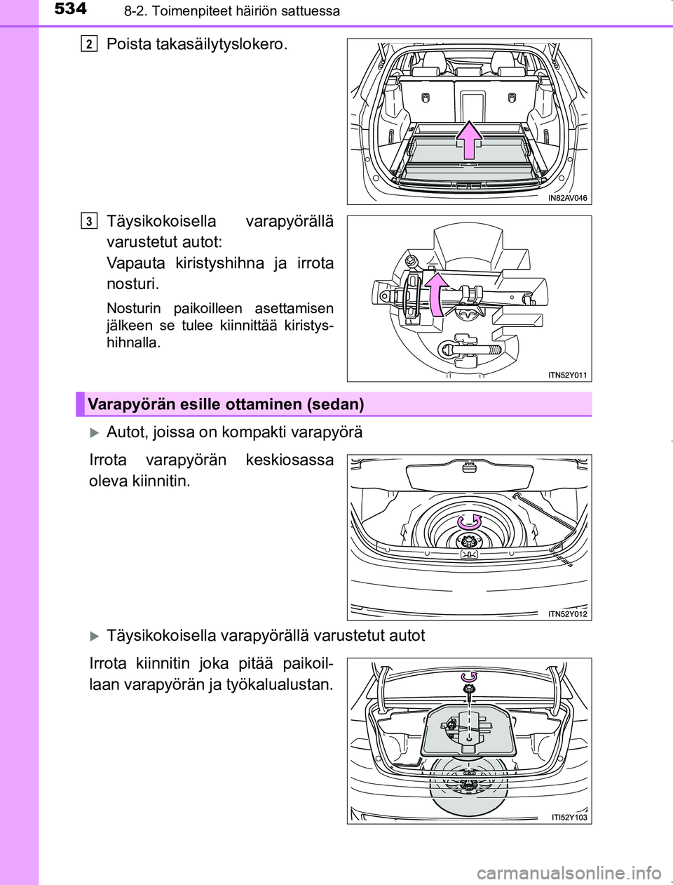 TOYOTA AVENSIS 2017  Omistajan Käsikirja (in Finnish) 5348-2. Toimenpiteet häiriön sattuessa
OM20C66FI
Poista takasäilytyslokero.
Täysikokoisella varapyörällä
varustetut autot:
Vapauta kiristyshihna ja irrota
nosturi.
Nosturin paikoilleen asettami