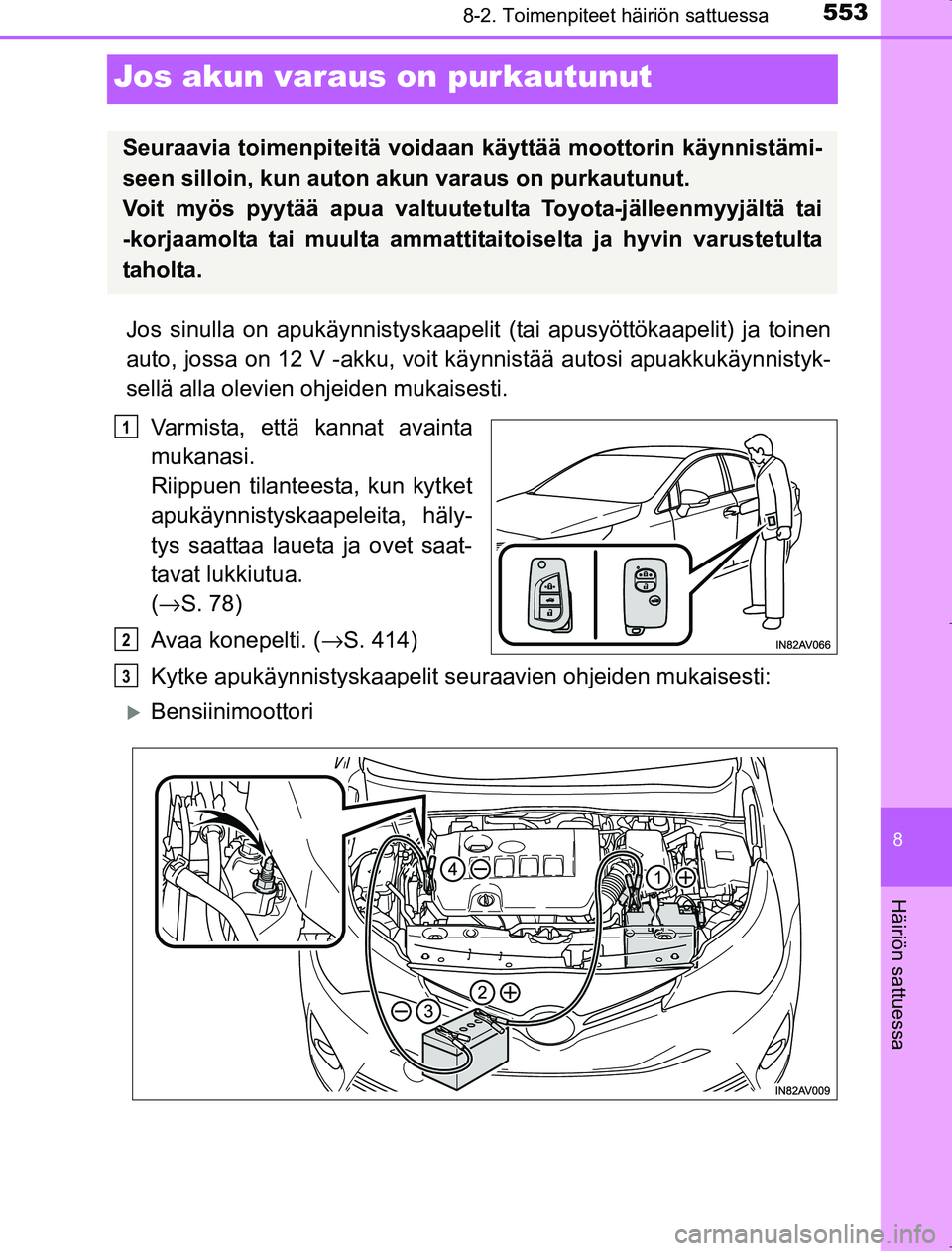 TOYOTA AVENSIS 2017 Omistajan Käsikirja (in Finnish) 5538-2. Toimenpiteet häiriön sattuessa
OM20C66FI
8
Häiriön sattuessa
Jos akun varaus on purkautunut
Jos sinulla on apukäynnistyskaapelit (tai apusyöttökaapelit) ja toinen
auto, jossa on 12 V -a TOYOTA AVENSIS 2017 Omistajan Käsikirja (in Finnish) 5538-2. Toimenpiteet häiriön sattuessa
OM20C66FI
8
Häiriön sattuessa
Jos akun varaus on purkautunut
Jos sinulla on apukäynnistyskaapelit (tai apusyöttökaapelit) ja toinen
auto, jossa on 12 V -a